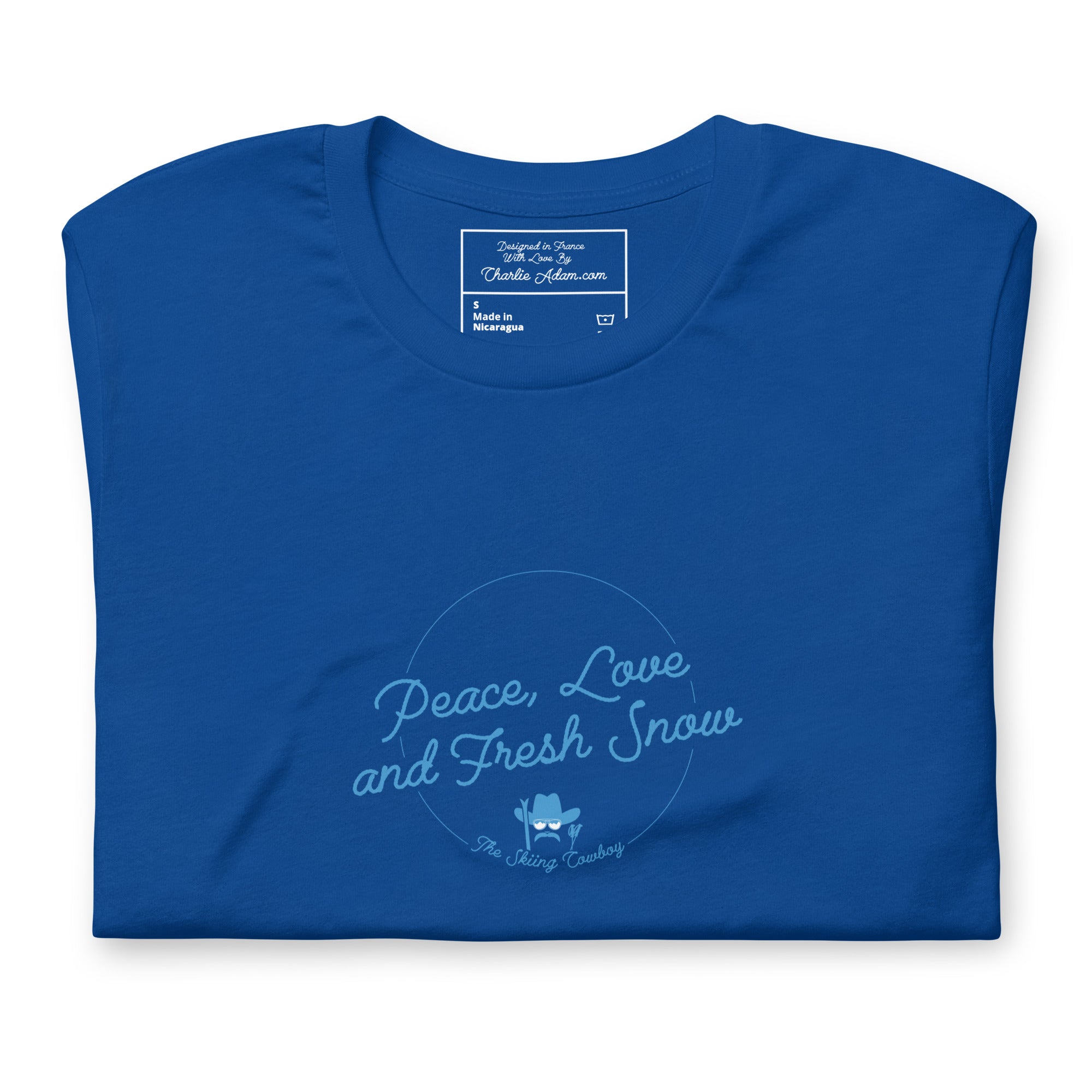 T-shirt en coton unisexe Peace, Love and Fresh Snow sur couleurs foncées