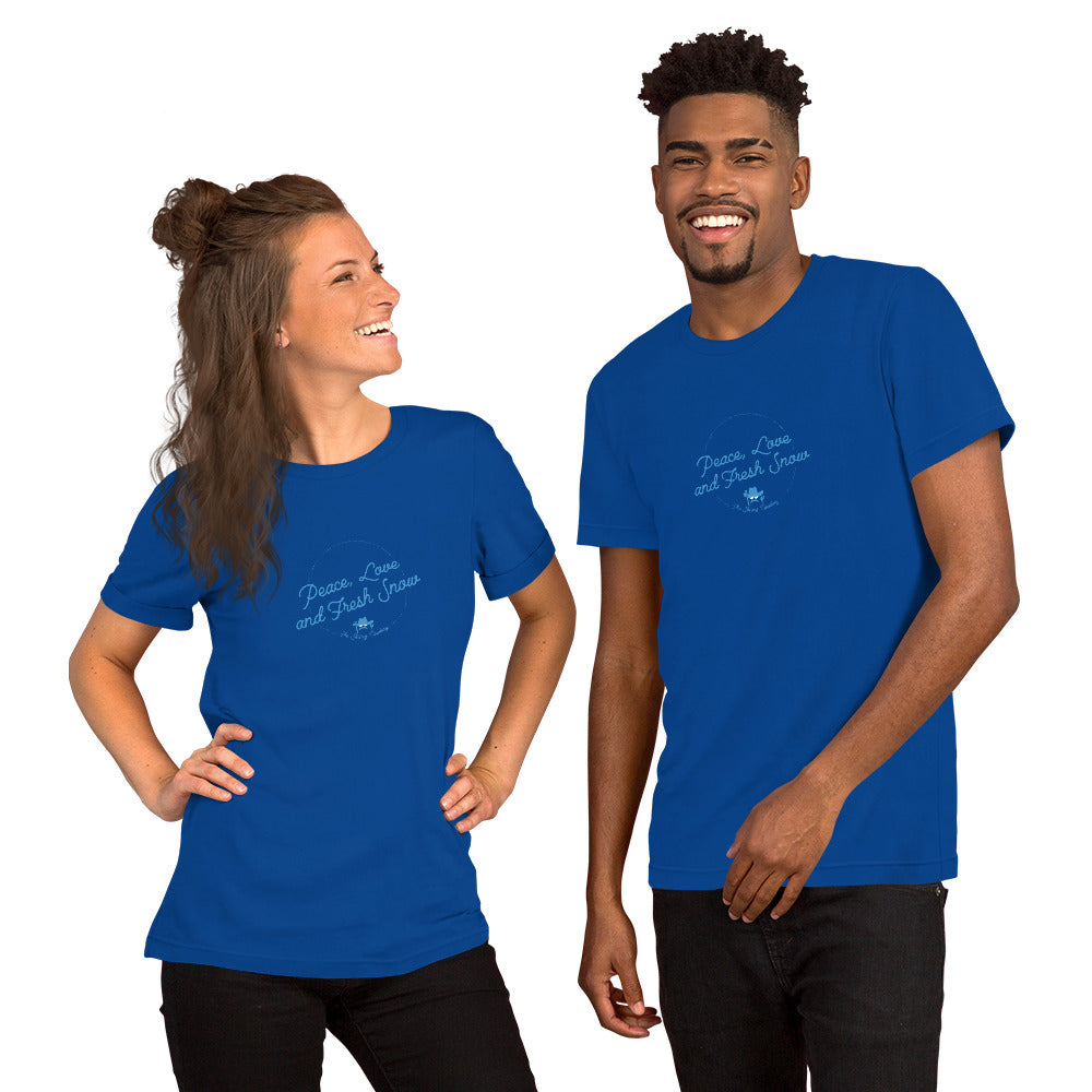 Unisex cotton t-shirt Peace, Love and Fresh Snow on dark colors