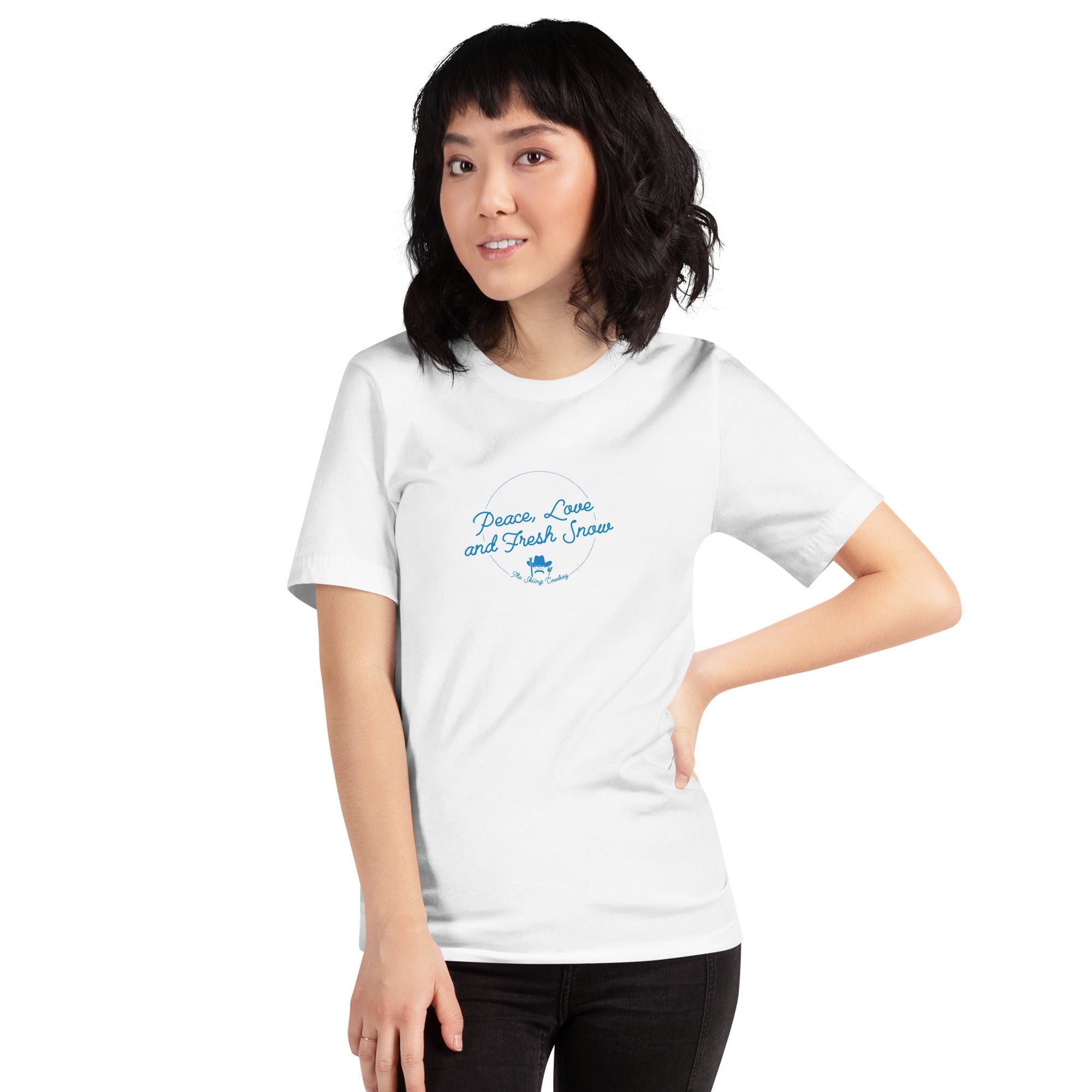 T-shirt en coton unisexe Peace, Love and Fresh Snow sur couleurs claires