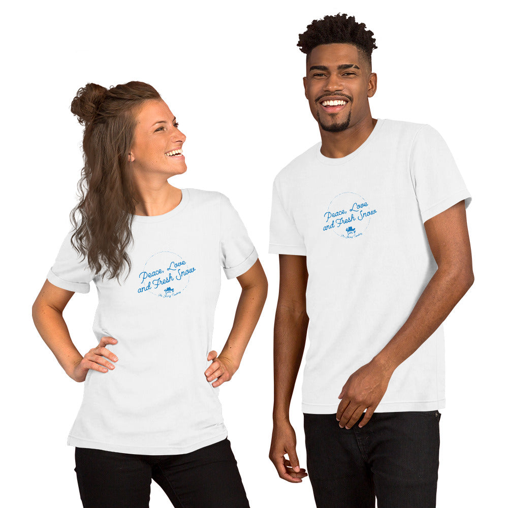 T-shirt en coton unisexe Peace, Love and Fresh Snow sur couleurs claires