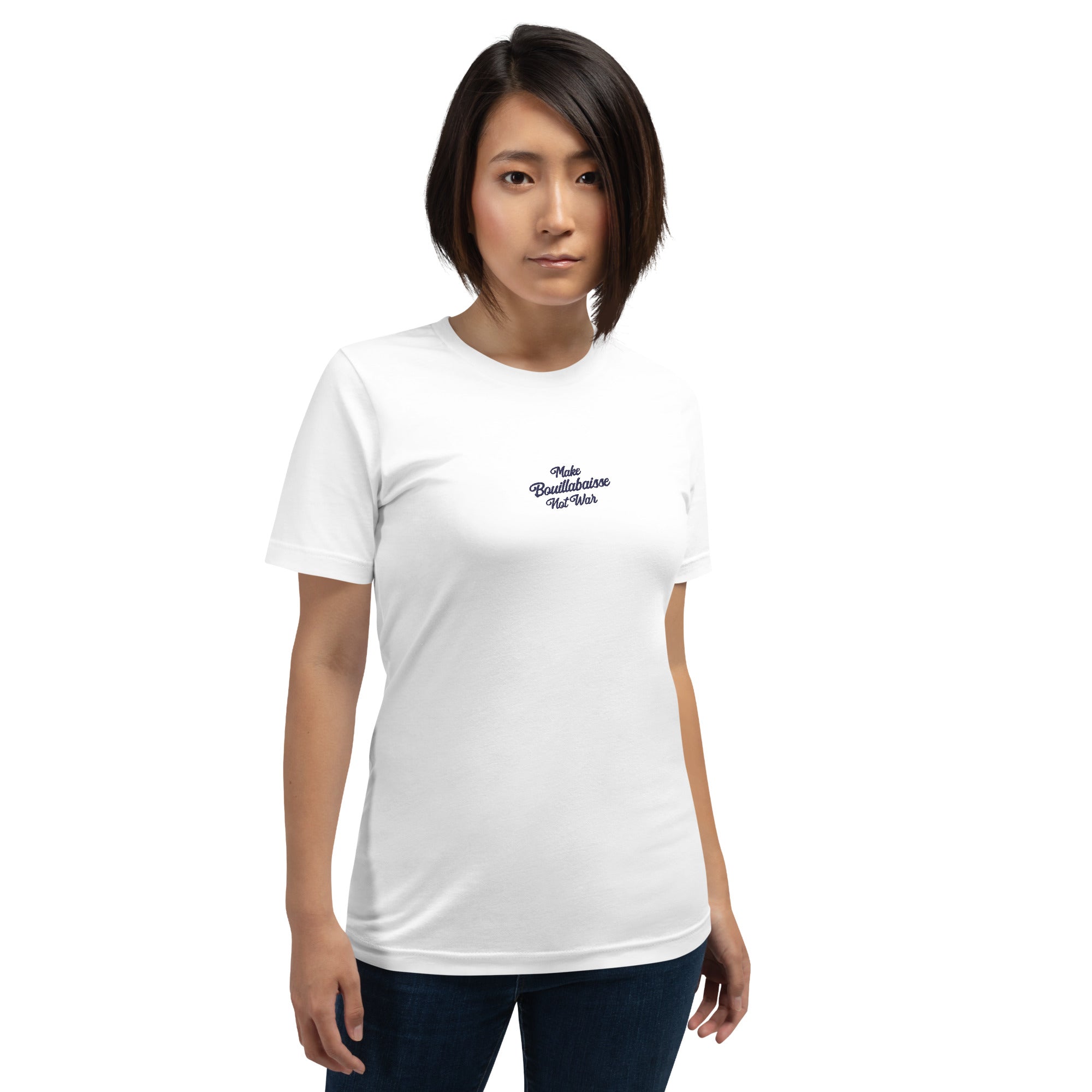 T-shirt en coton unisexe Make Bouillabaisse Not War Navy brodé sur couleurs claires