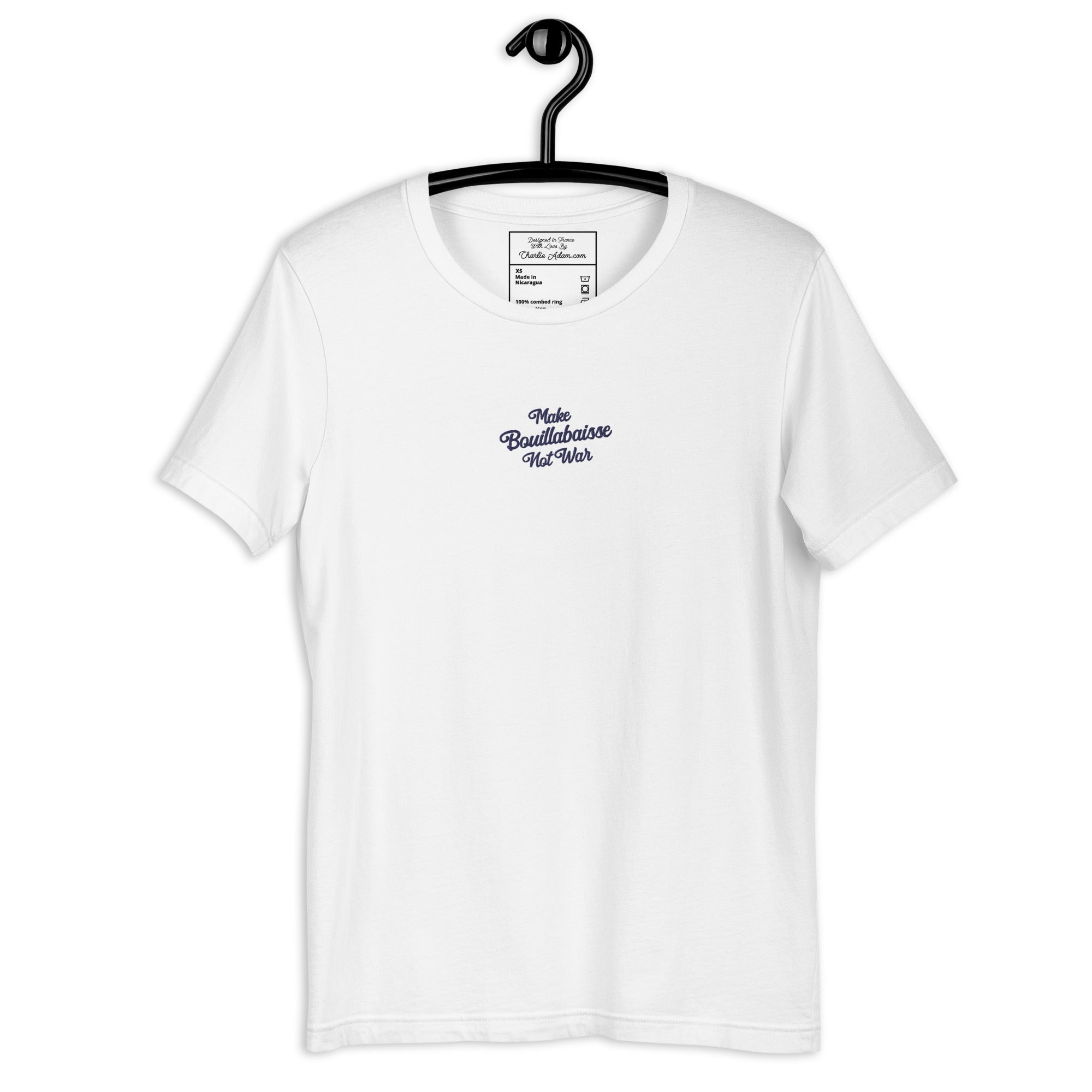 T-shirt en coton unisexe Make Bouillabaisse Not War Navy brodé sur couleurs claires