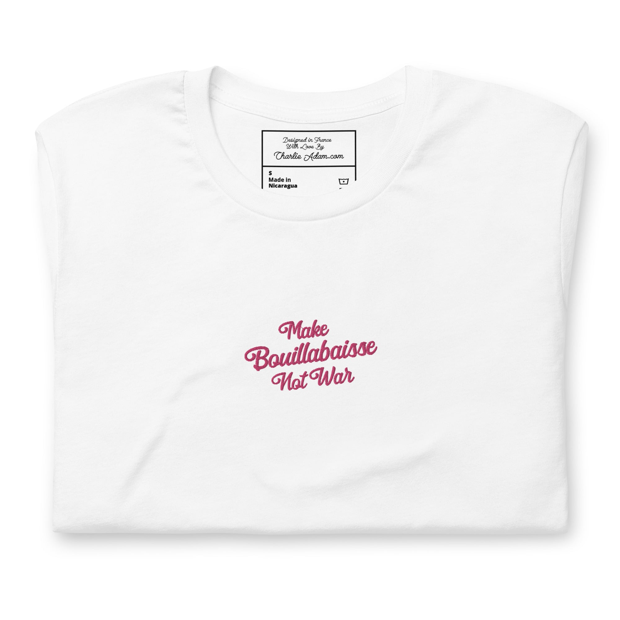 Unisex t-shirt Make Bouillabaisse Not War Text Only flamingo embroidered pattern on light colors