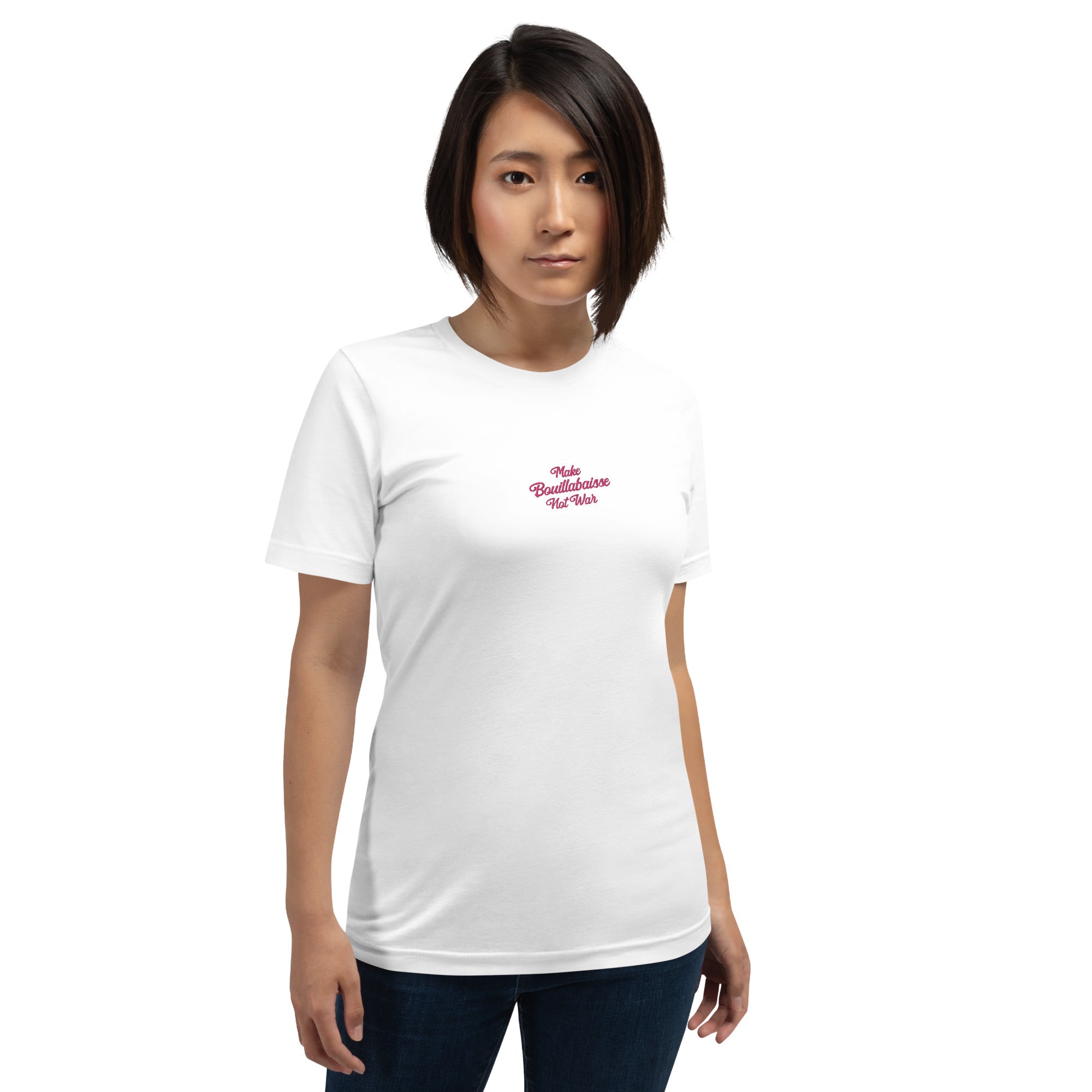 Unisex t-shirt Make Bouillabaisse Not War Text Only flamingo embroidered pattern on light colors