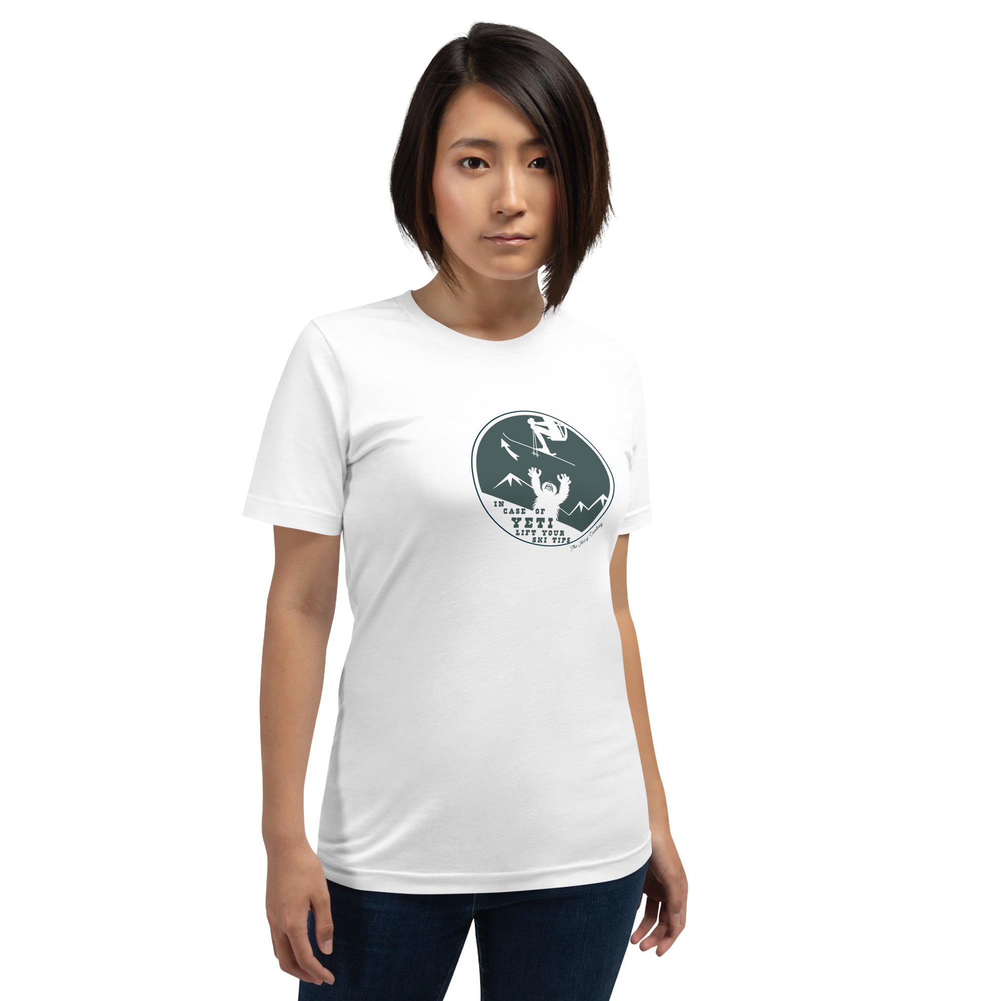 T-shirt en coton unisexe In case of Yeti, lift your ski tips sur couleurs claires