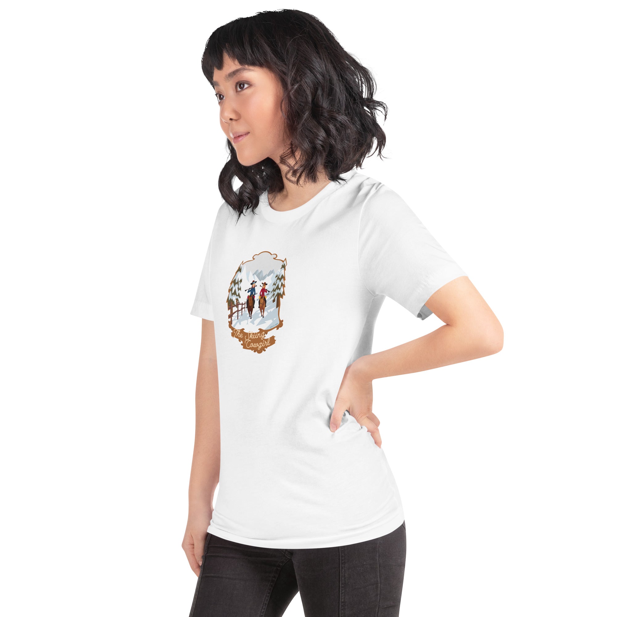 T-shirt en coton unisexe The Skiing Cowgirl sur fond clair