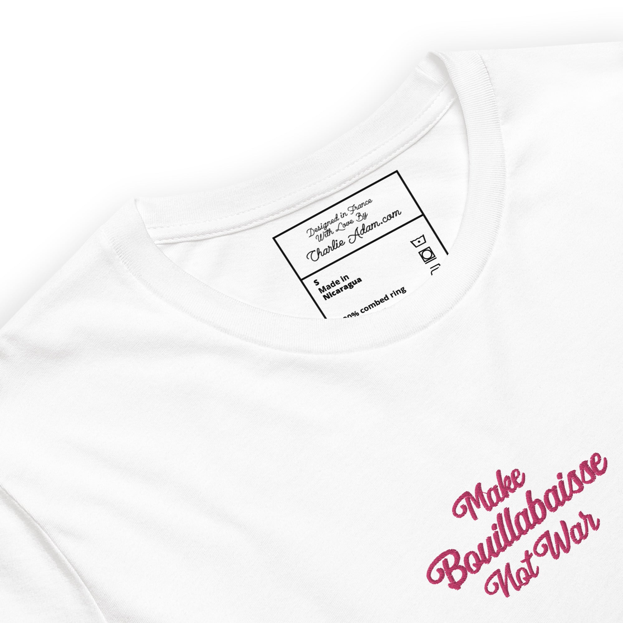 T-shirt en coton unisexe Make Bouillabaisse Not War Text Only brodé flamingo sur couleurs claires