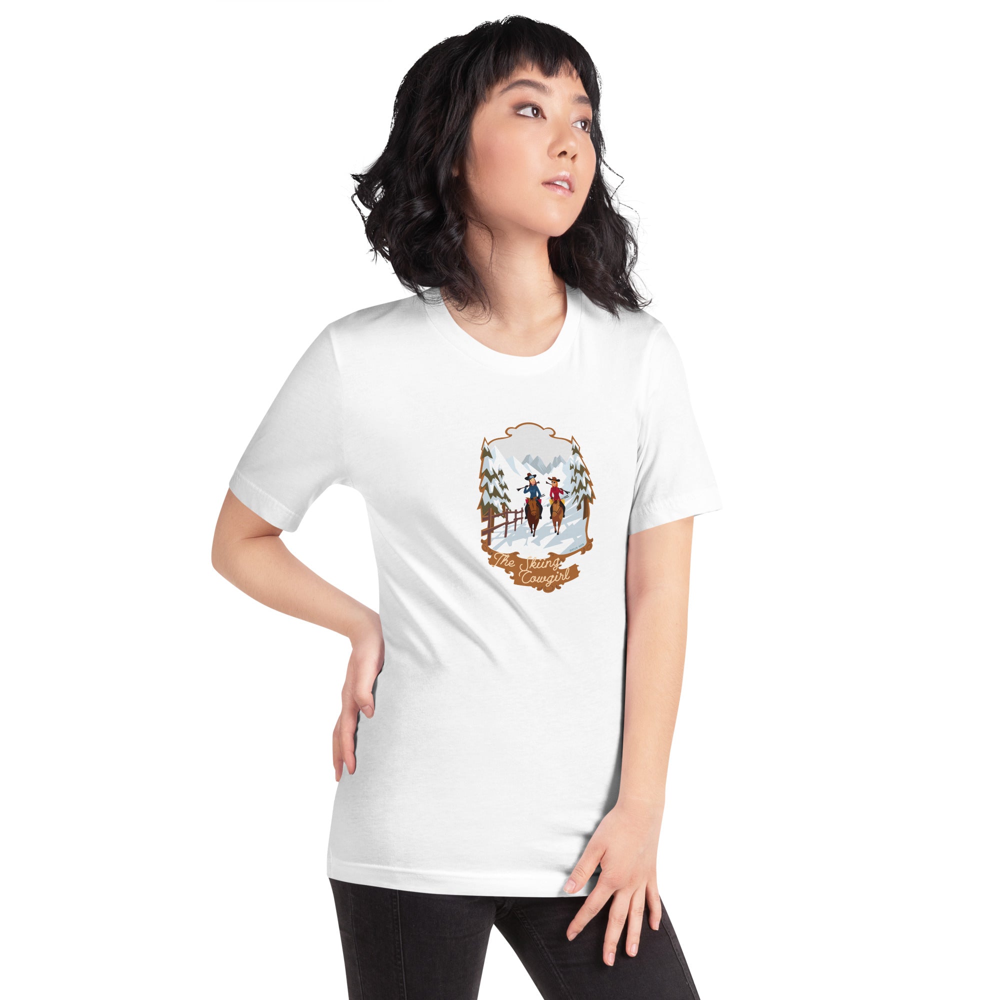 Unisex cotton t-shirt The Skiing Cowgirl on light colors