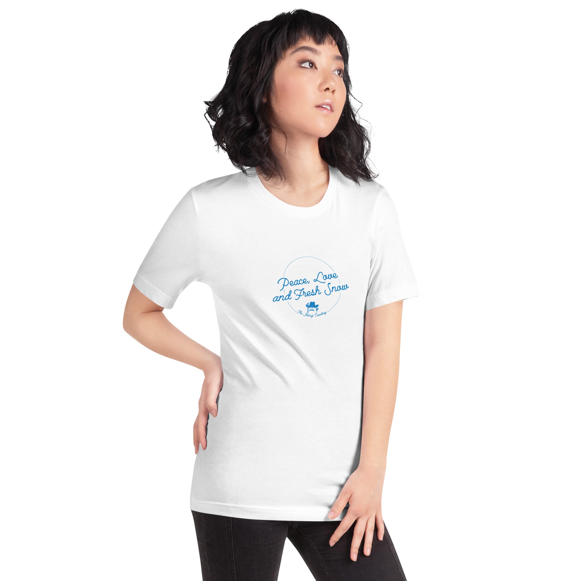 T-shirt en coton unisexe Peace, Love and Fresh Snow sur couleurs claires