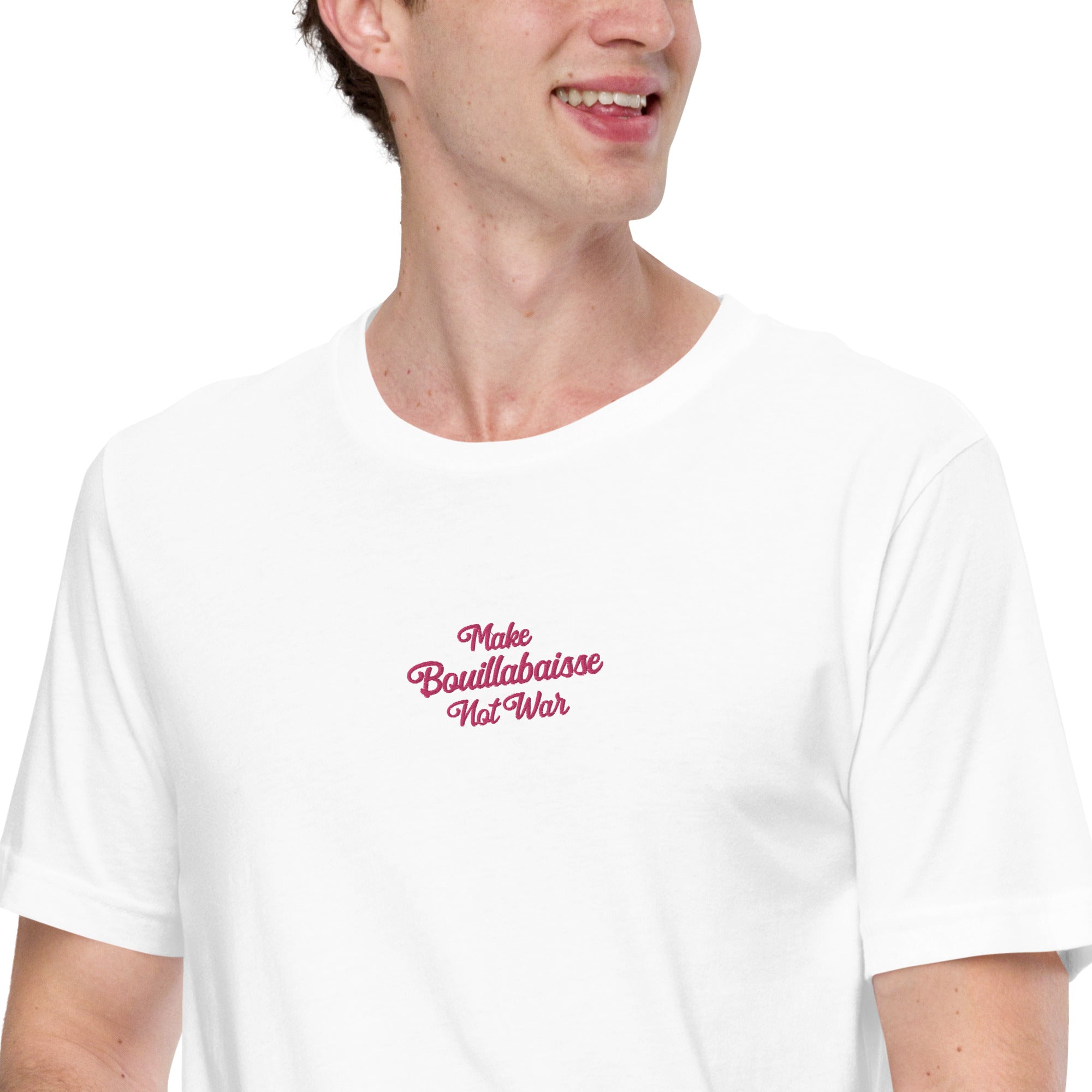 Unisex t-shirt Make Bouillabaisse Not War Text Only flamingo embroidered pattern on light colors