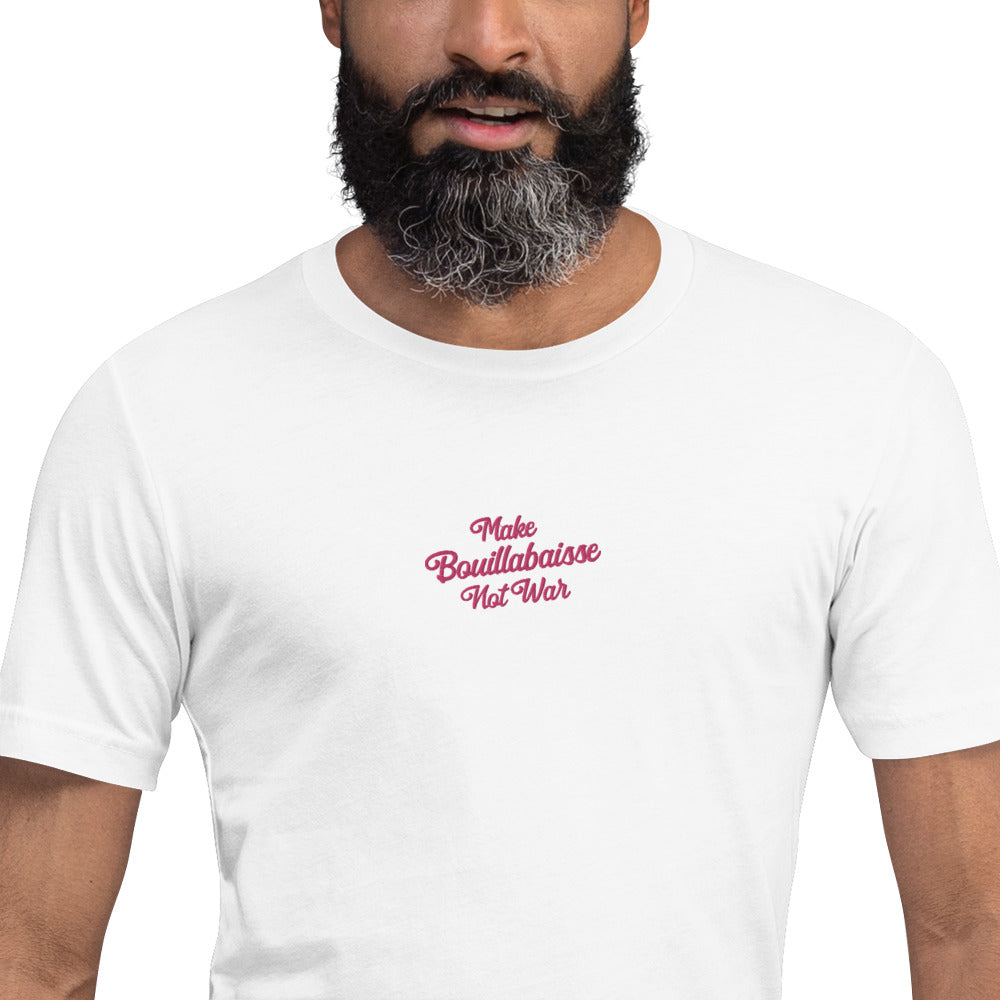 Unisex t-shirt Make Bouillabaisse Not War Text Only flamingo embroidered pattern on light colors