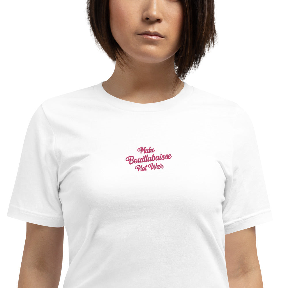 Unisex t-shirt Make Bouillabaisse Not War Text Only flamingo embroidered pattern on light colors