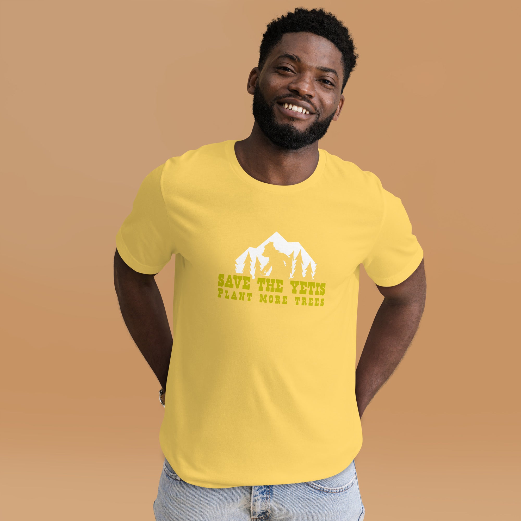 T-shirt en coton unisexe Save the Yetis Plant more Trees sur couleurs vives (face & dos)