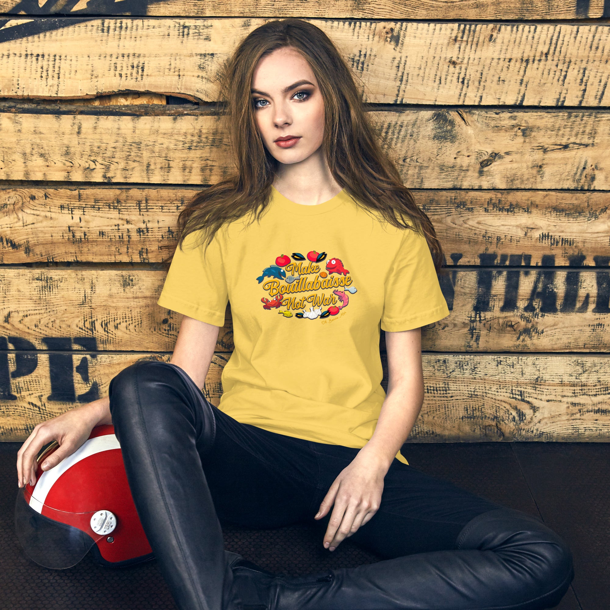 T-shirt en coton unisexe Make Bouillabaisse Not War sur couleurs vives