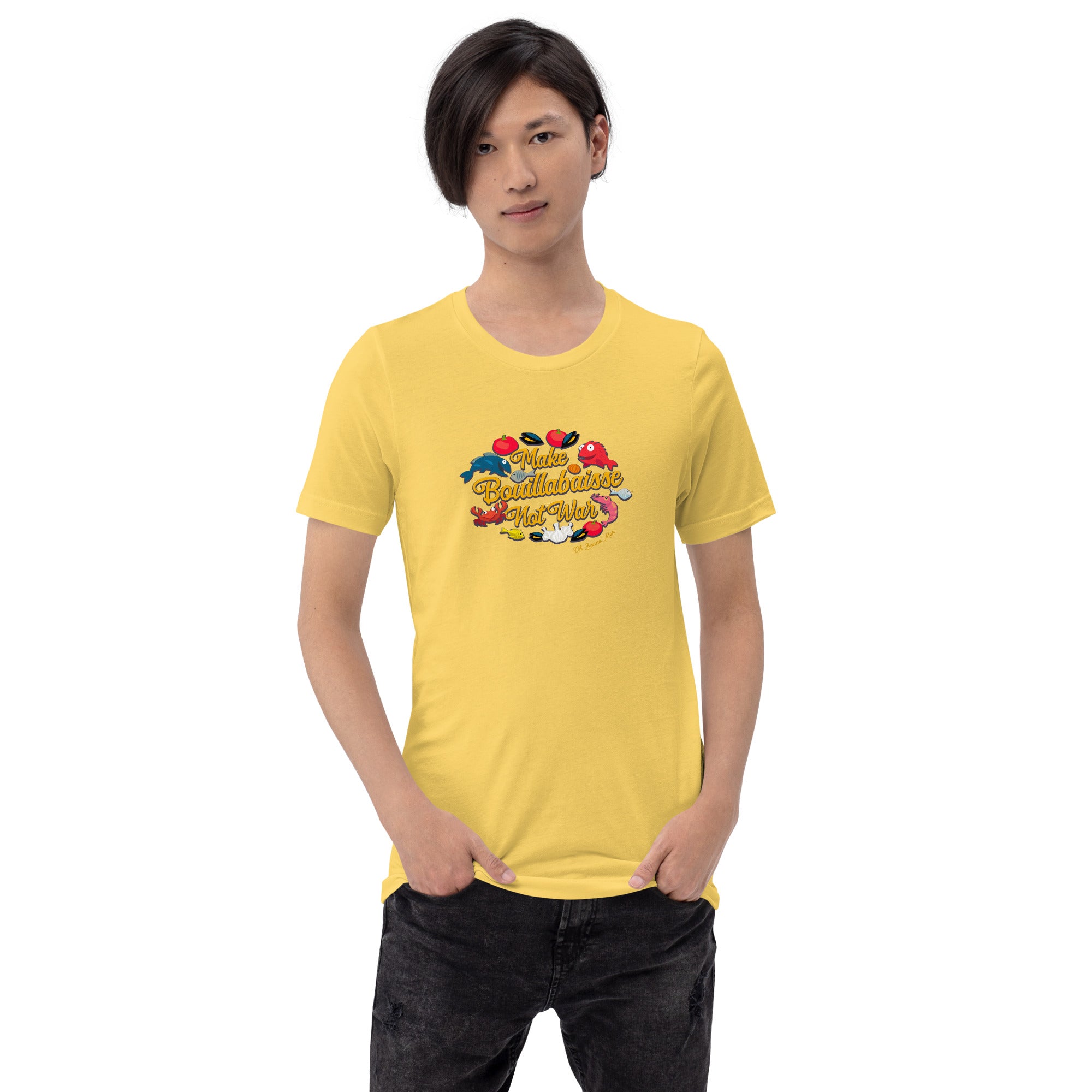 T-shirt en coton unisexe Make Bouillabaisse Not War sur couleurs vives