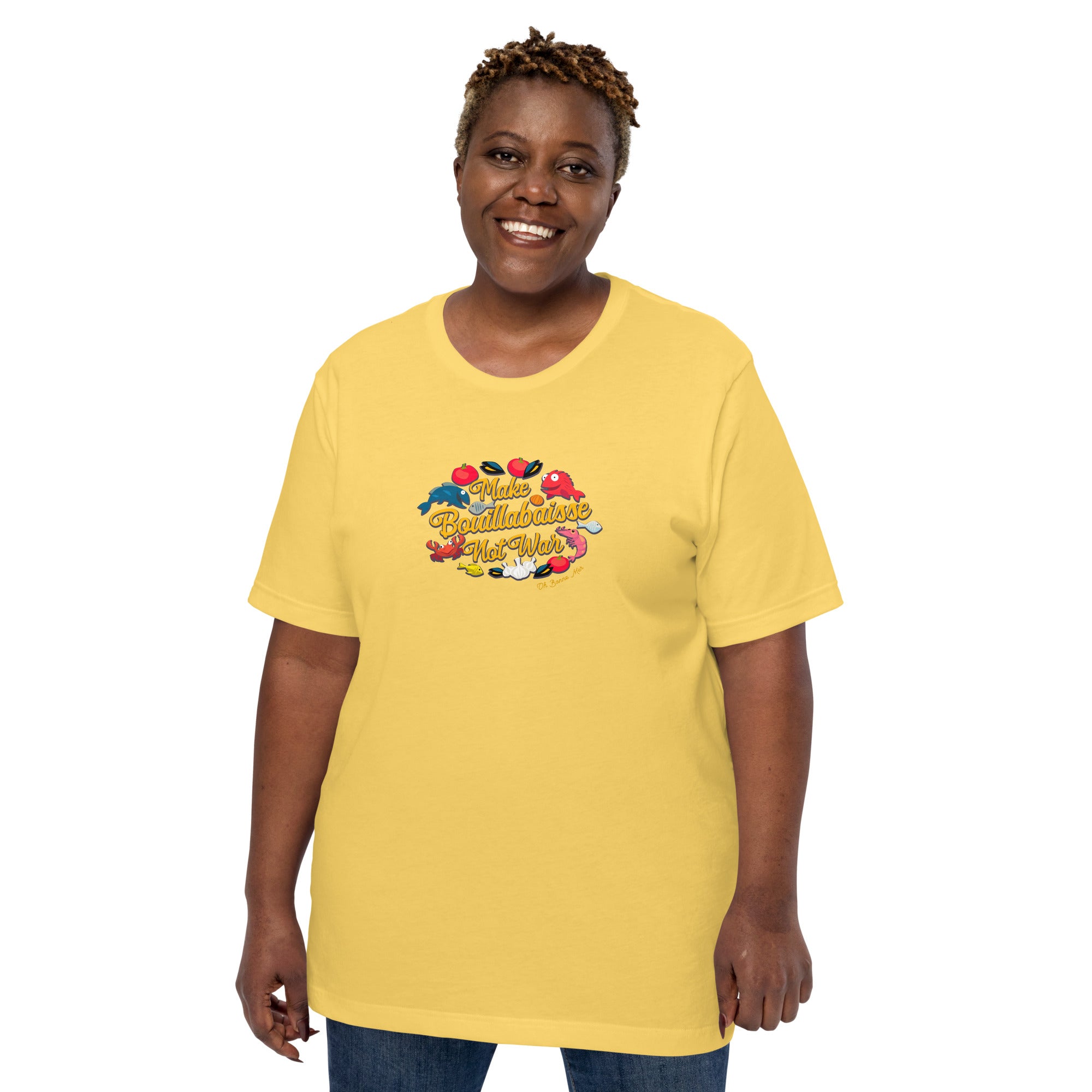 T-shirt en coton unisexe Make Bouillabaisse Not War sur couleurs vives