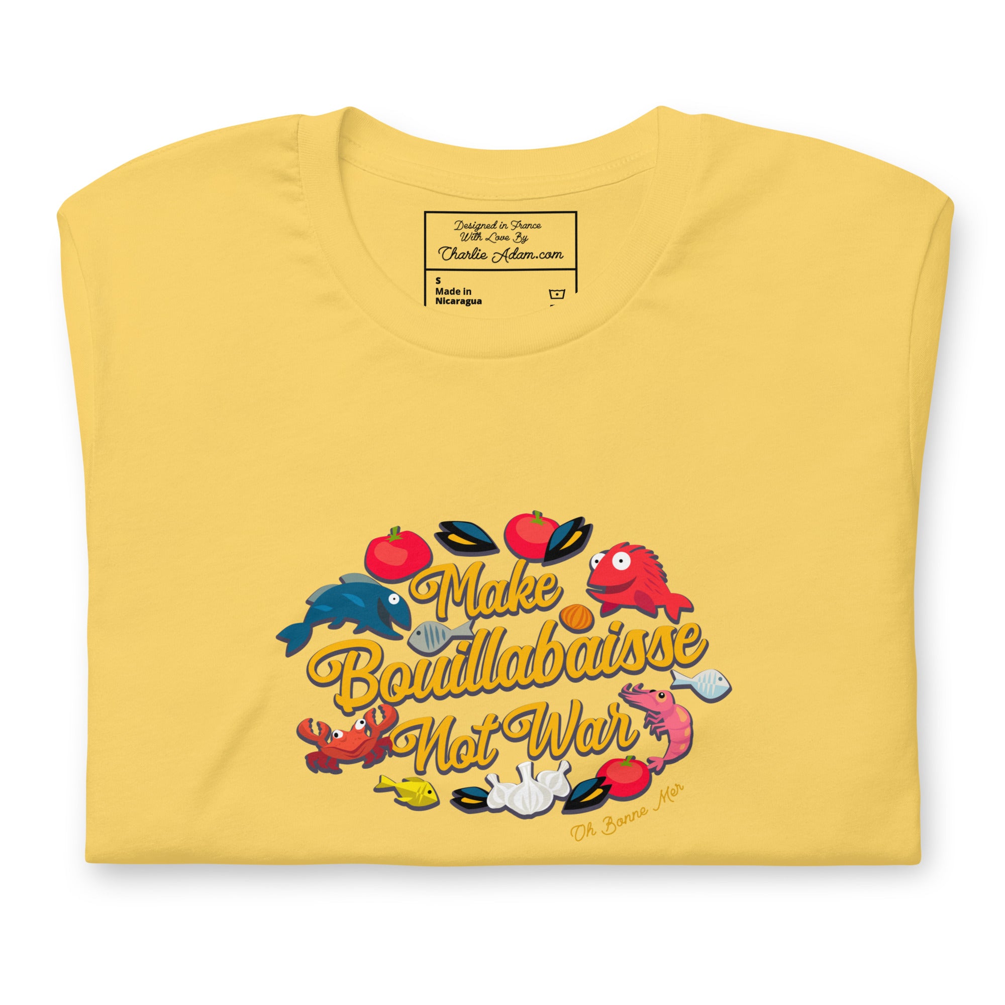 T-shirt en coton unisexe Make Bouillabaisse Not War sur couleurs vives