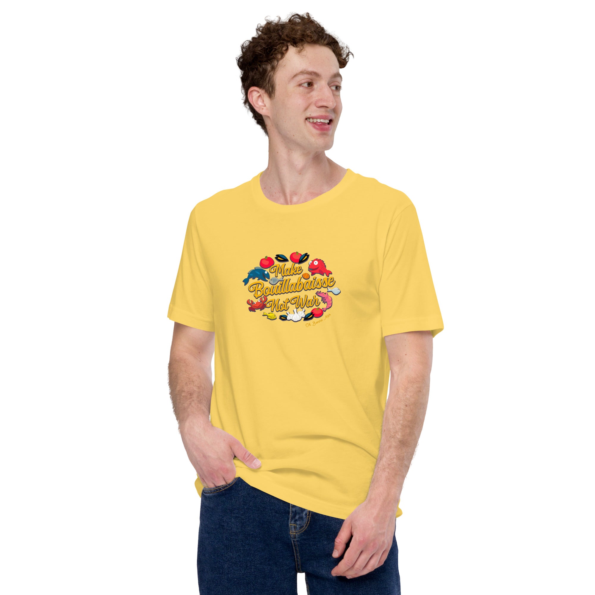 T-shirt en coton unisexe Make Bouillabaisse Not War sur couleurs vives