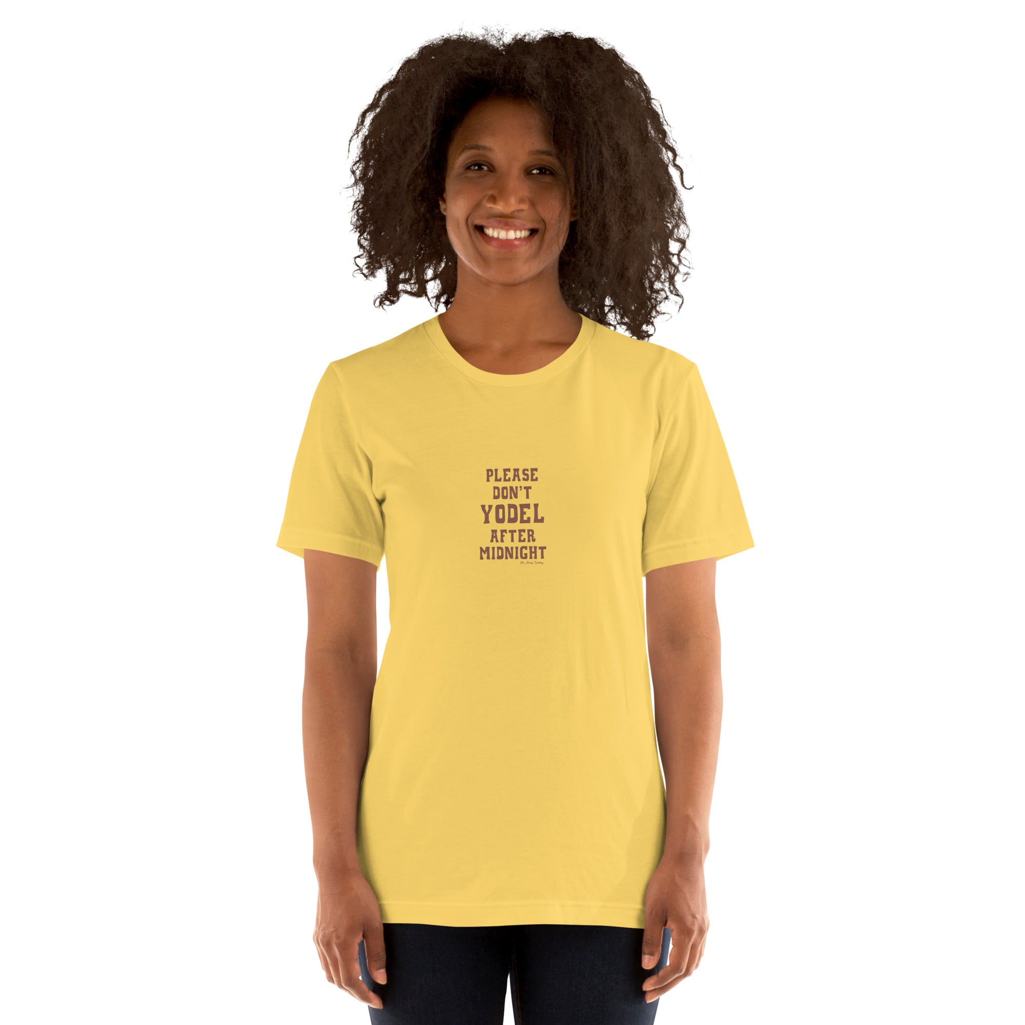 T-shirt en coton unisexe Don't Yodel After Midnight texte foncé sur couleurs vives