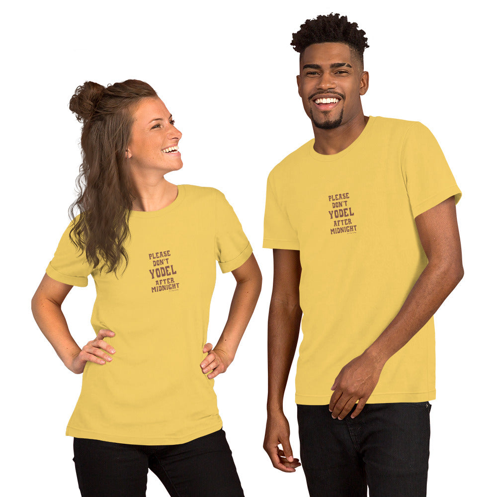 Unisex t-shirt Don't Yodel After Midnight on bright colors