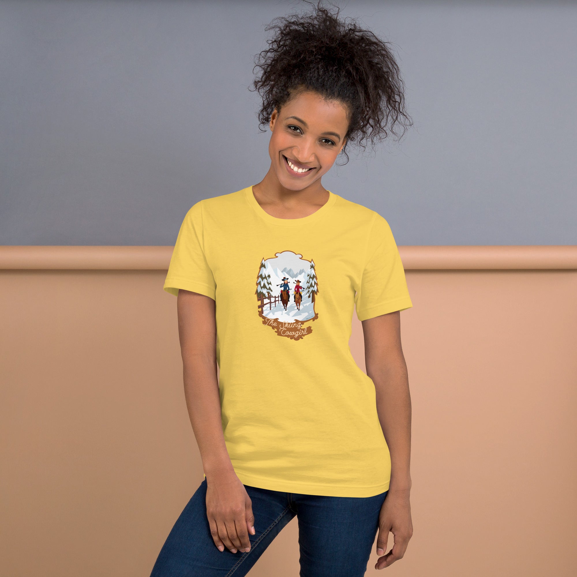 Unisex cotton t-shirt The Skiing Cowgirl on bright colors