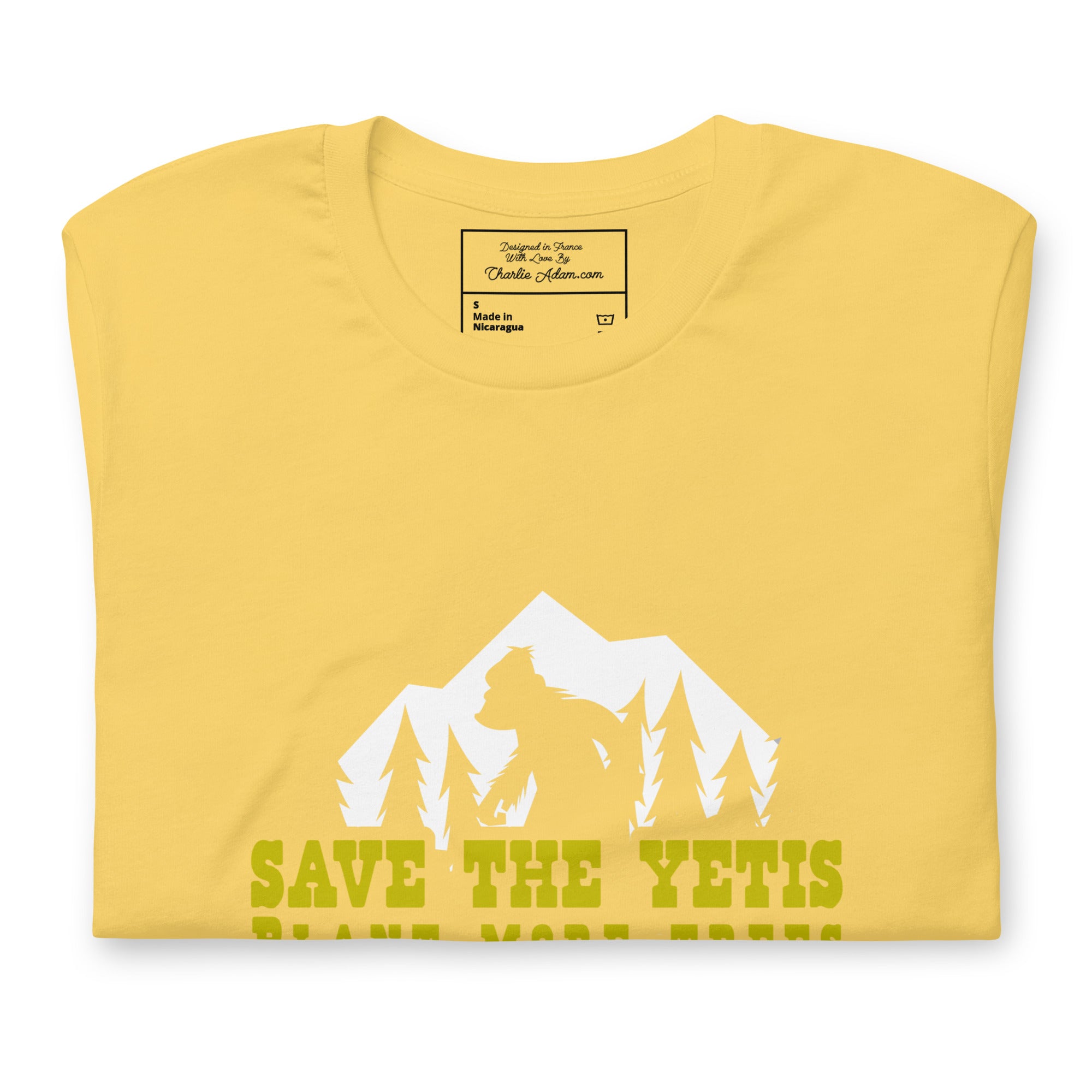 T-shirt en coton unisexe Save the Yetis Plant more Trees sur couleurs vives (face & dos)