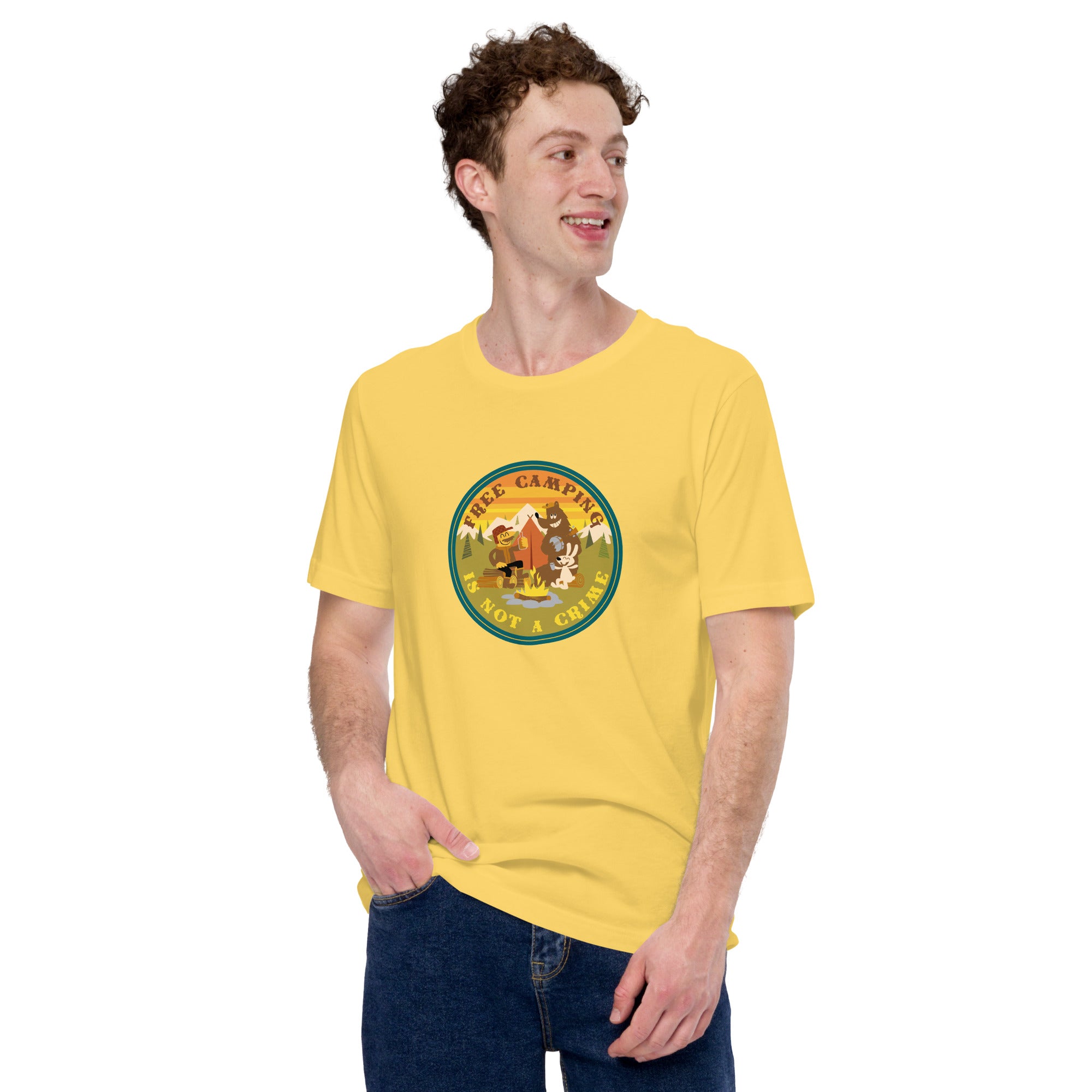 Unisex cotton t-shirt Free Camping is not a Crime on bright colors