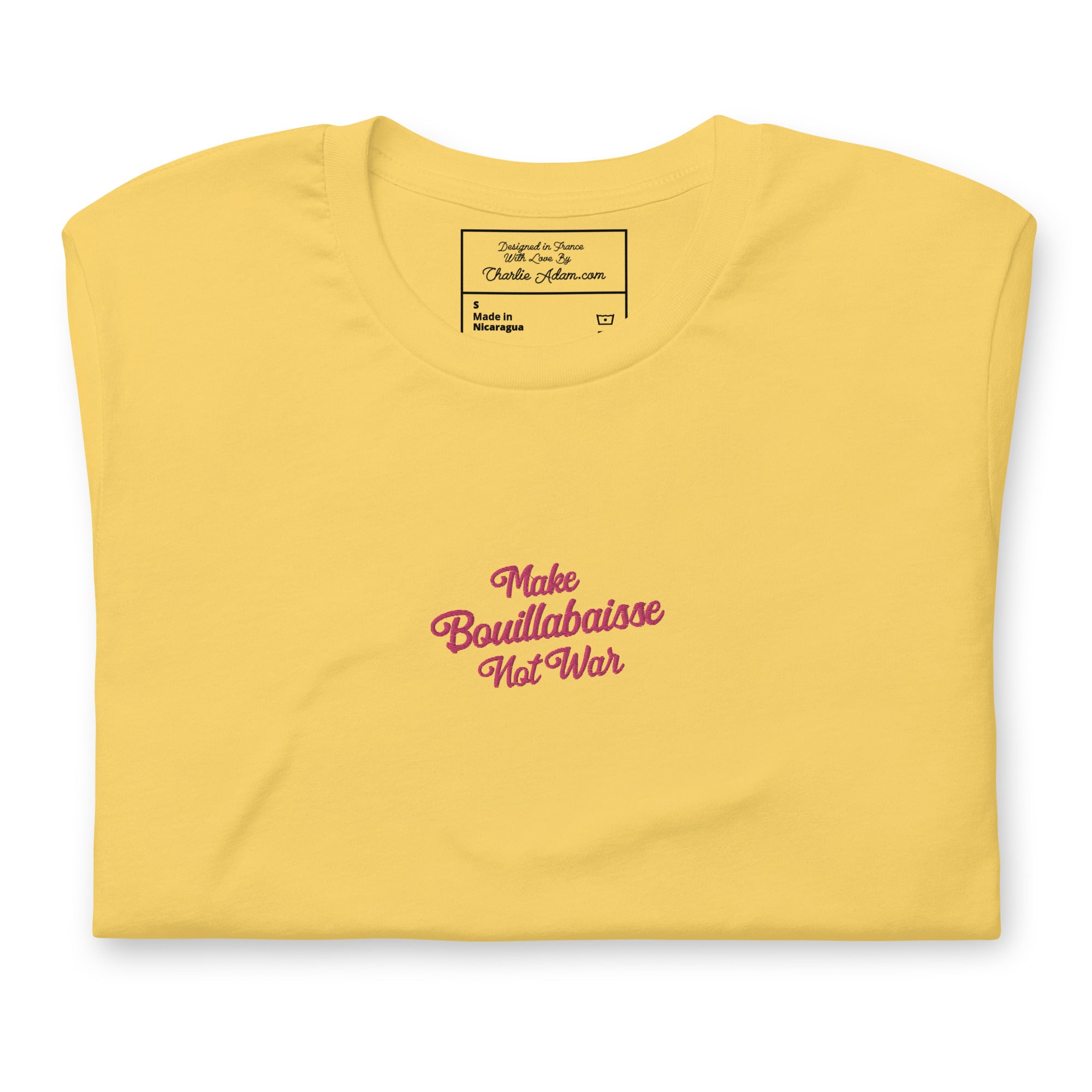 Unisex t-shirt Make Bouillabaisse Not War Text Only flamingo embroidered pattern on light colors