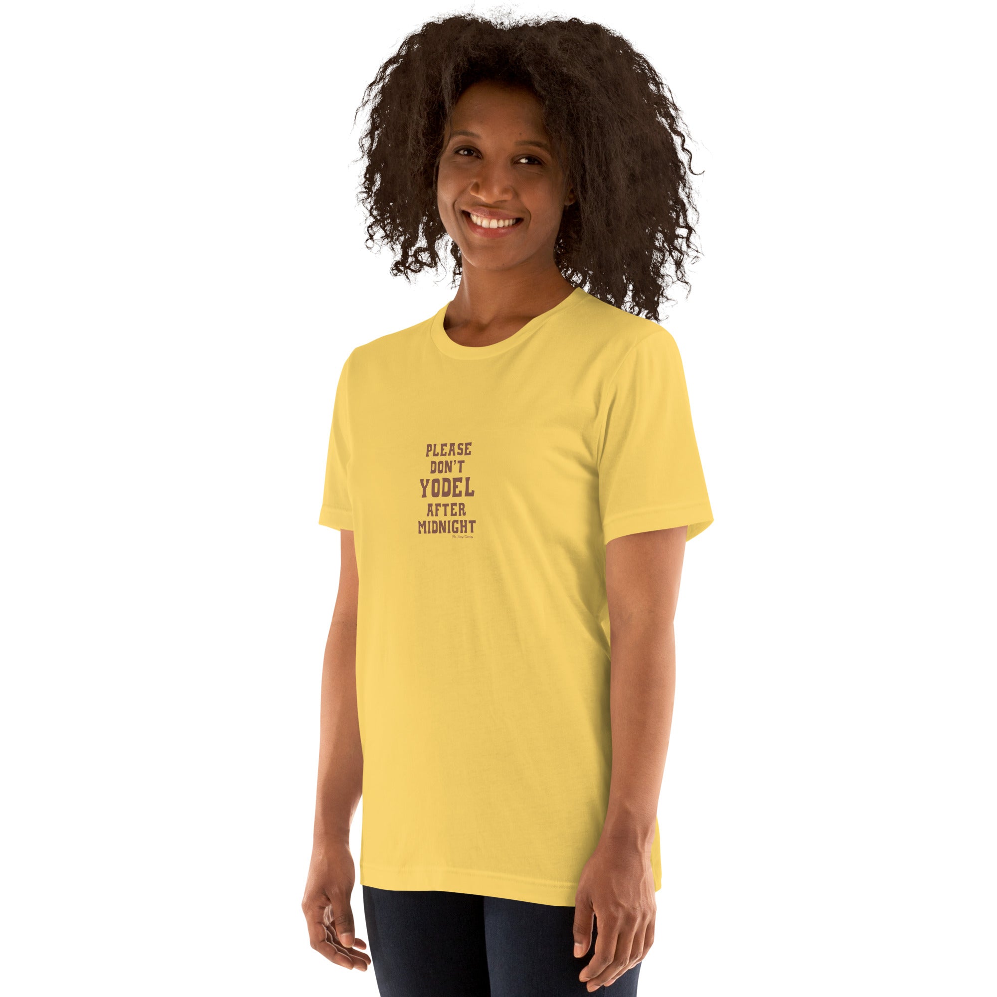 Unisex t-shirt Don't Yodel After Midnight on bright colors