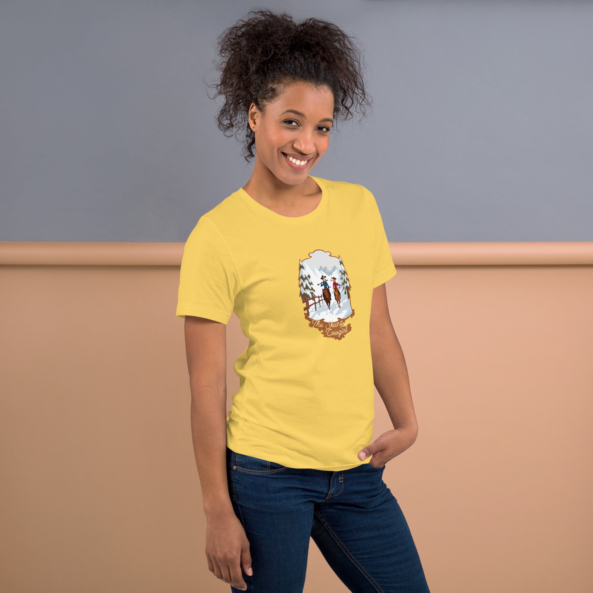 Unisex cotton t-shirt The Skiing Cowgirl on bright colors