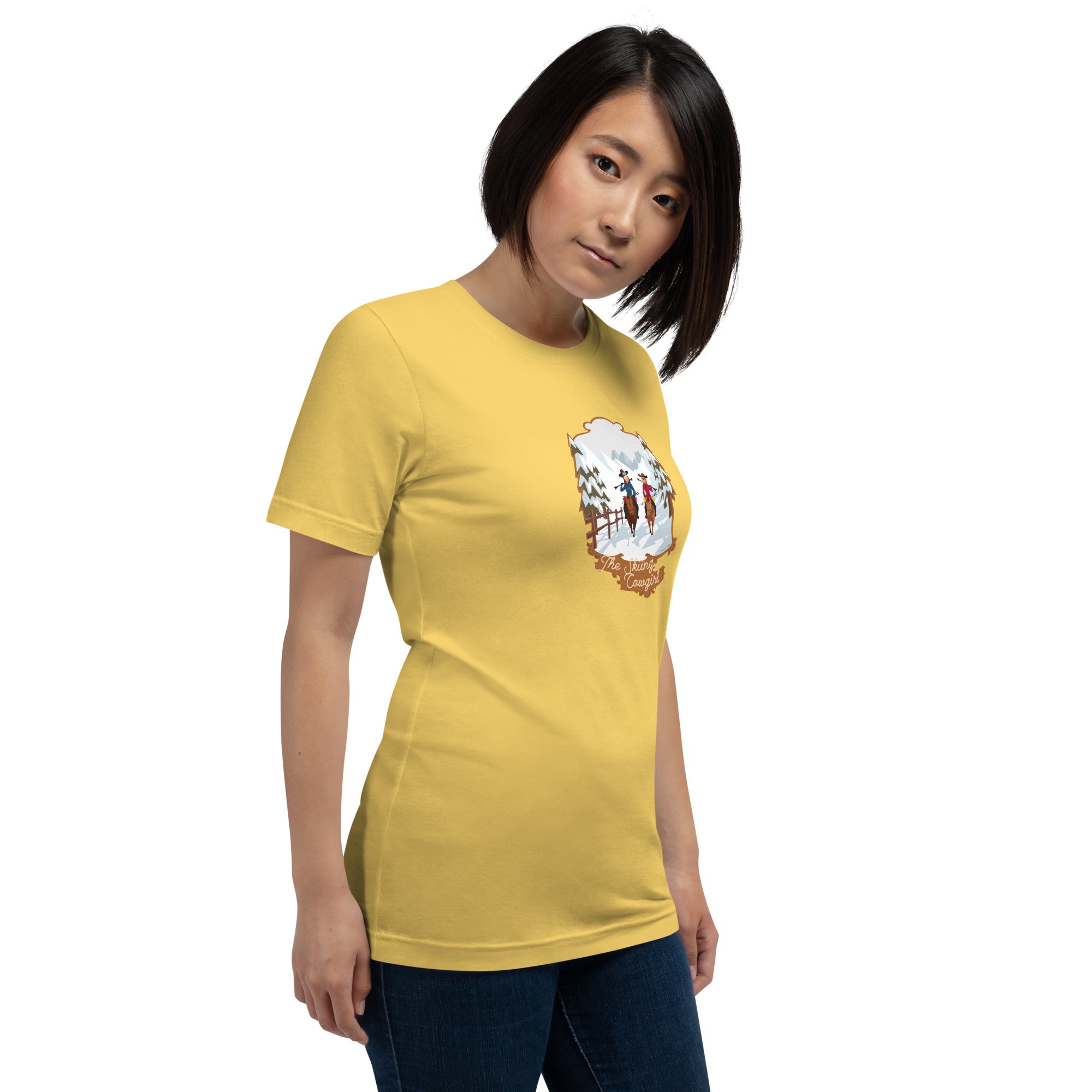 Unisex cotton t-shirt The Skiing Cowgirl on bright colors