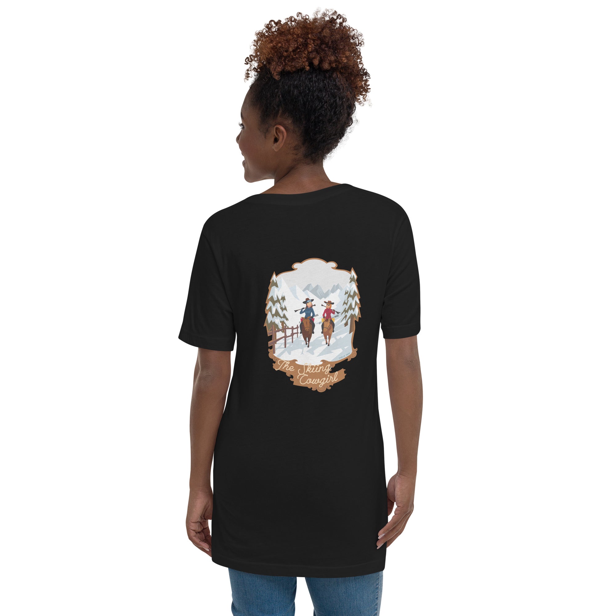 Unisex V-Neck T-Shirt The Skiing Cowgirl (back)