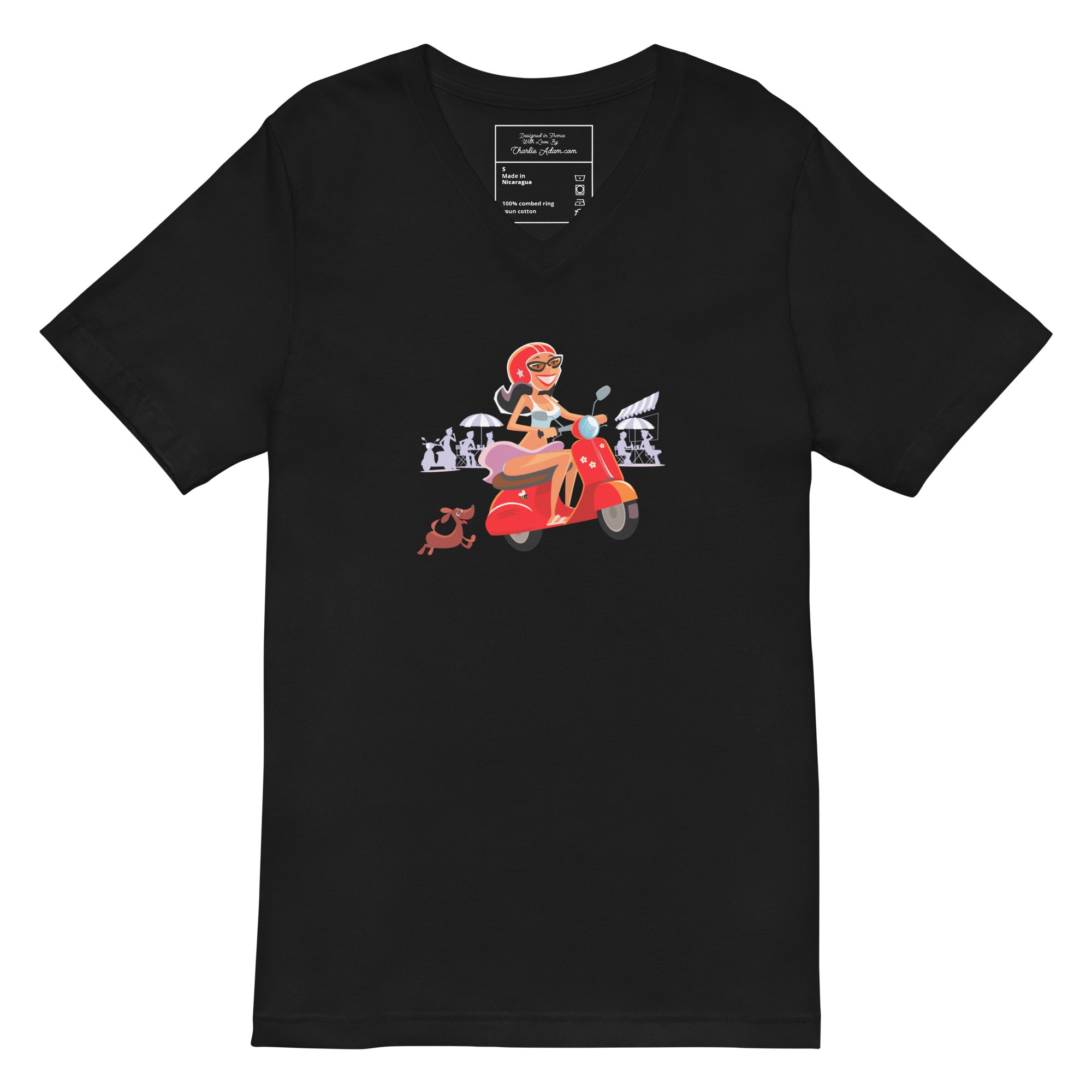Unisex V-Neck T-Shirt Vespa Girl in St Tropez