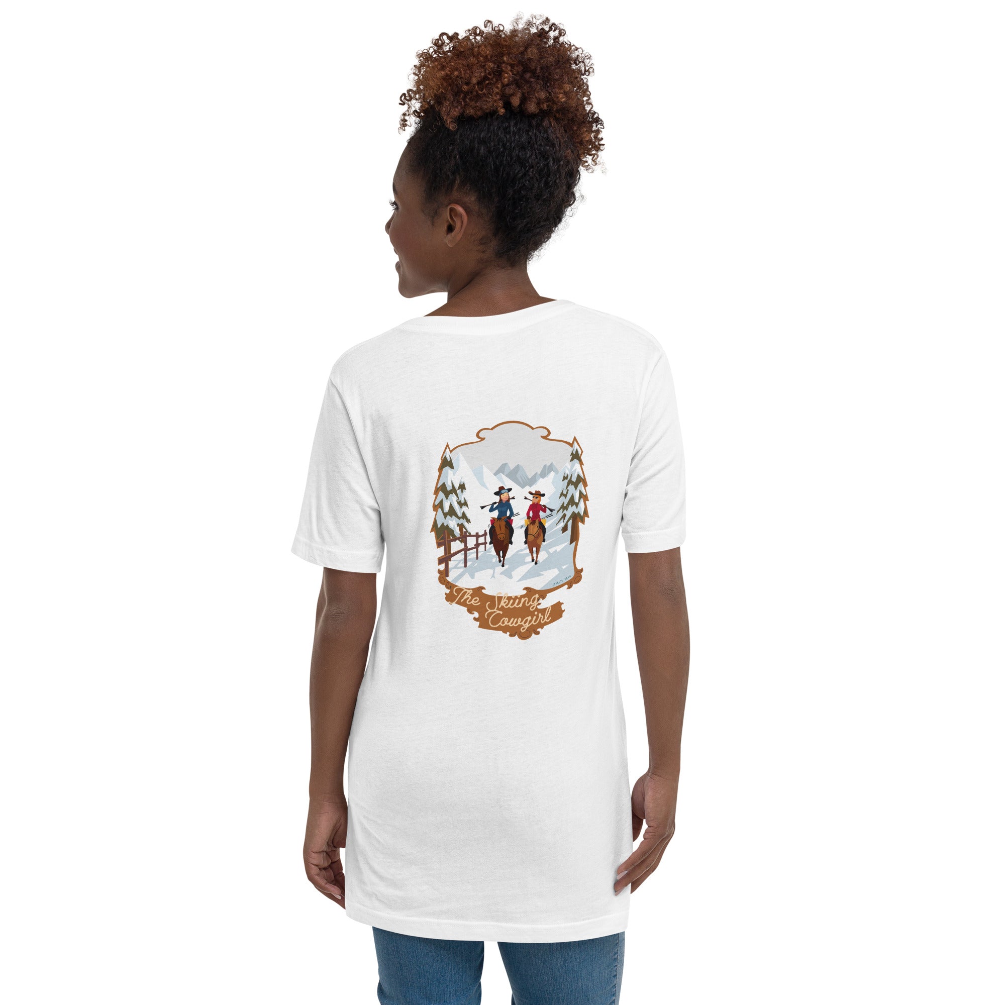 Unisex V-Neck T-Shirt The Skiing Cowgirl (back)