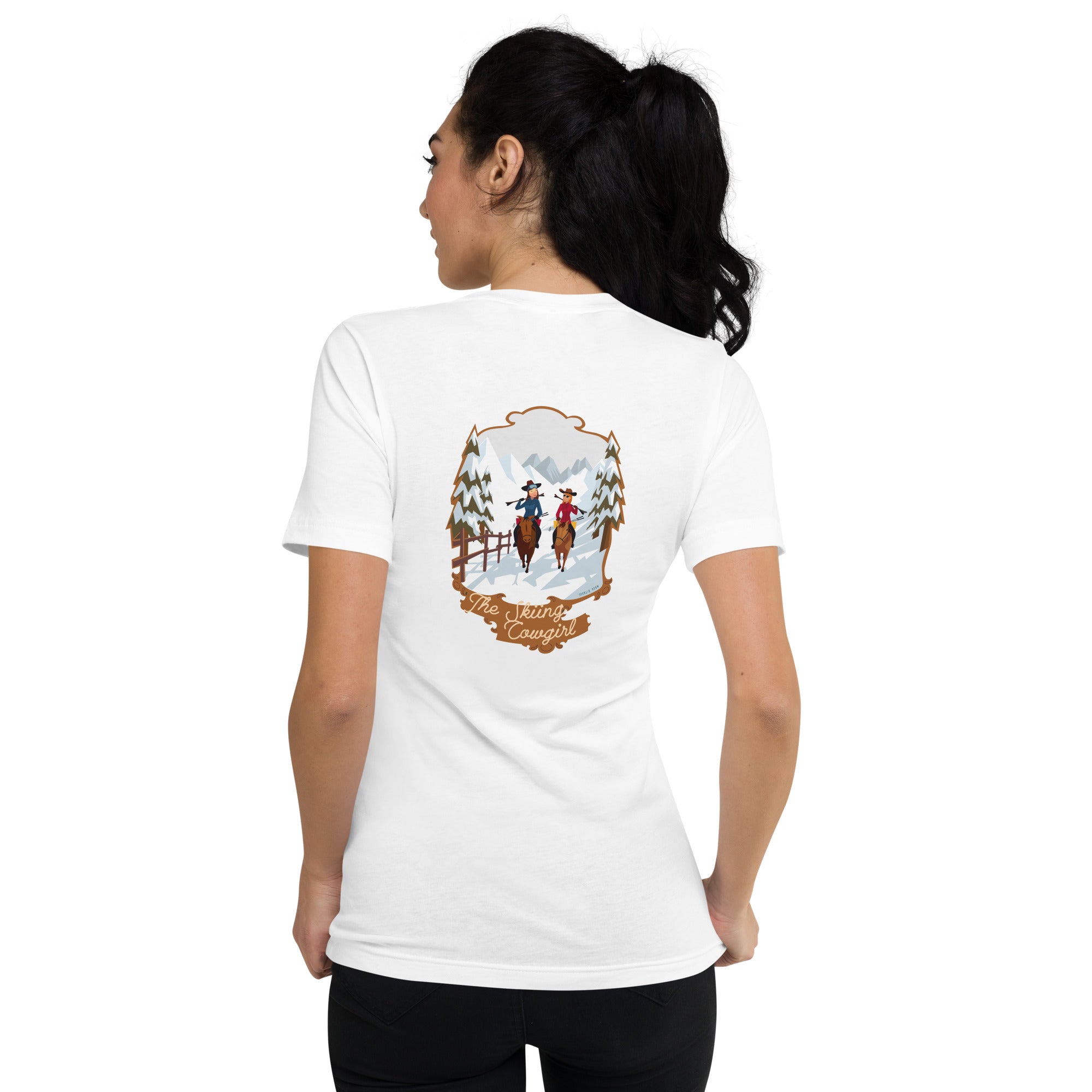 Unisex V-Neck T-Shirt The Skiing Cowgirl (back)