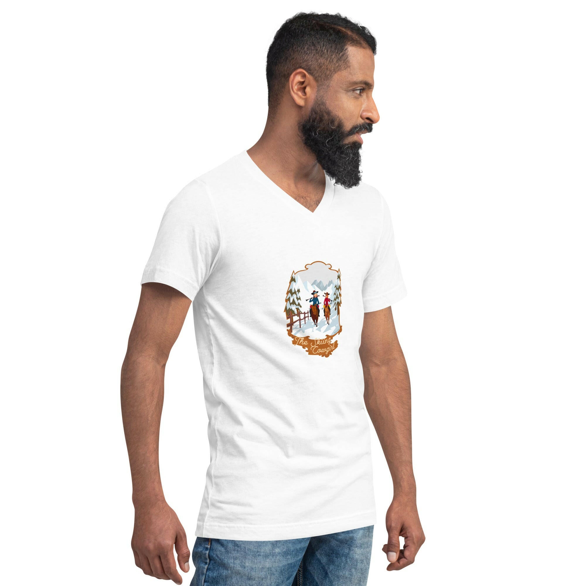 Unisex V-Neck T-Shirt The Skiing Cowgirl