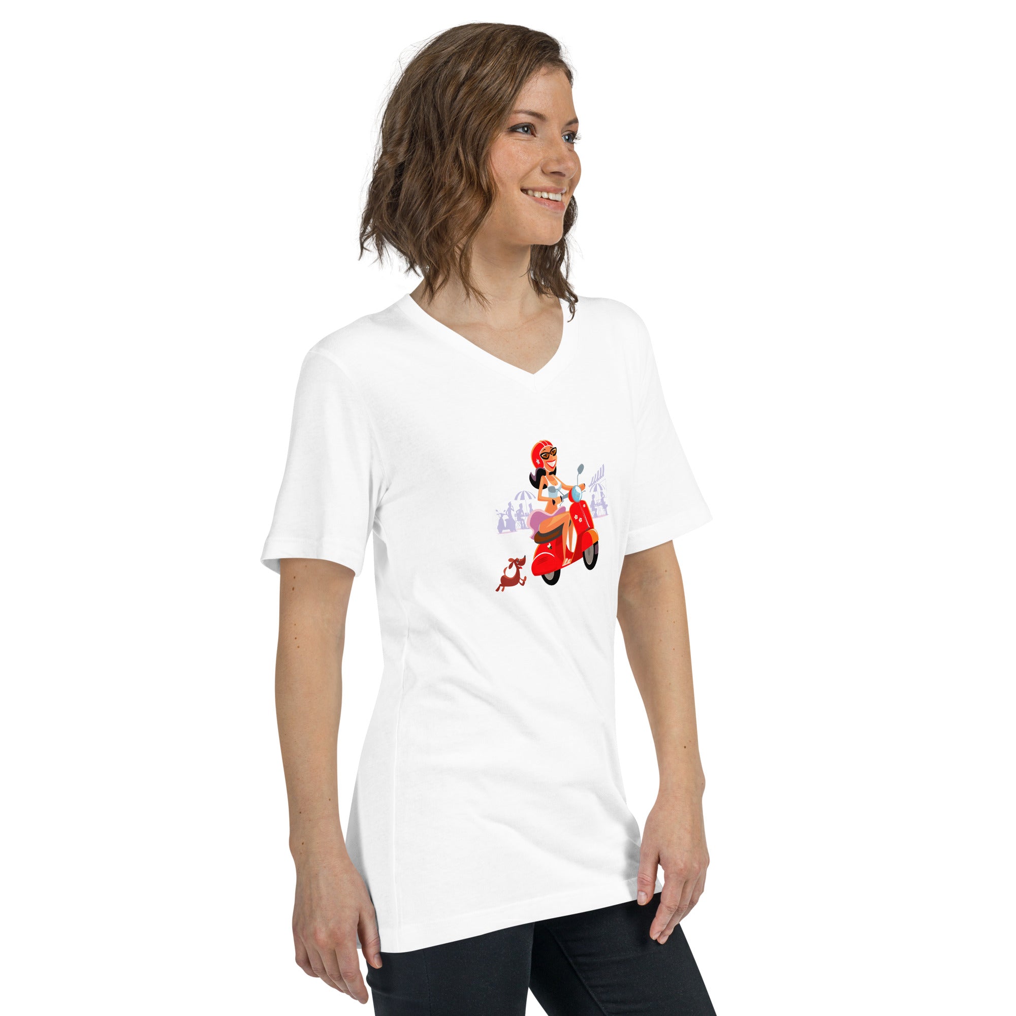 Unisex V-Neck T-Shirt Vespa Girl in St Tropez