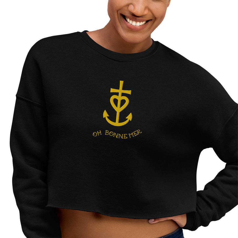 Sweat-Shirt Crop-Top Croix de Camargue dorée avec texte Oh Bonne mer grand motif brodé