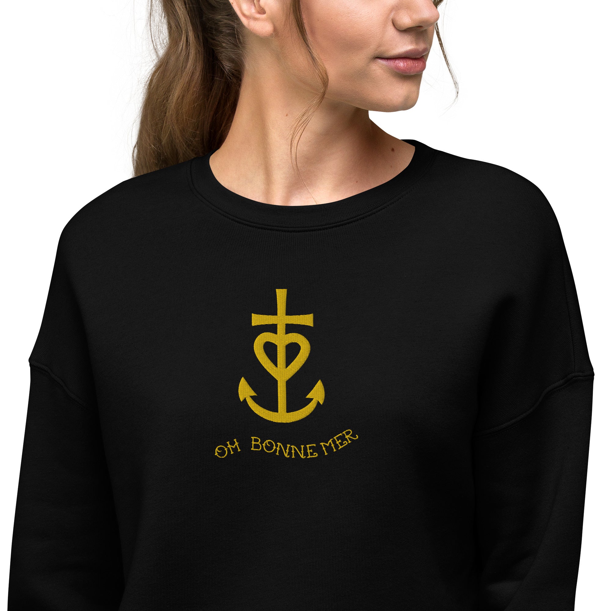 Sweat-Shirt Crop-Top Croix de Camargue dorée avec texte Oh Bonne mer grand motif brodé
