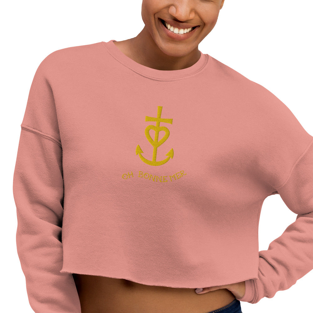 Sweat-Shirt Crop-Top Croix de Camargue dorée avec texte Oh Bonne mer grand motif brodé