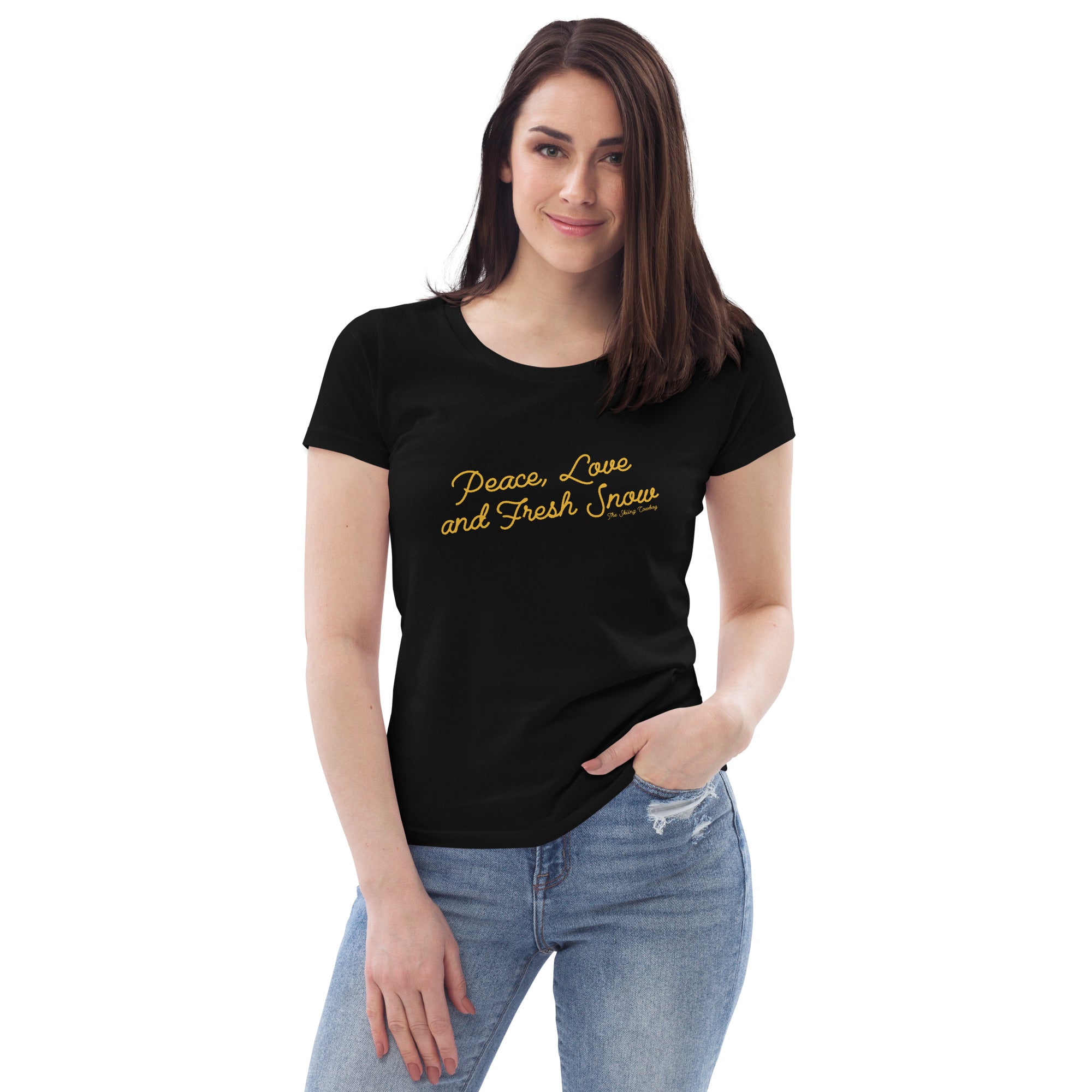 T-shirt moulant écologique femme Peace, Love and Fresh Snow Gold