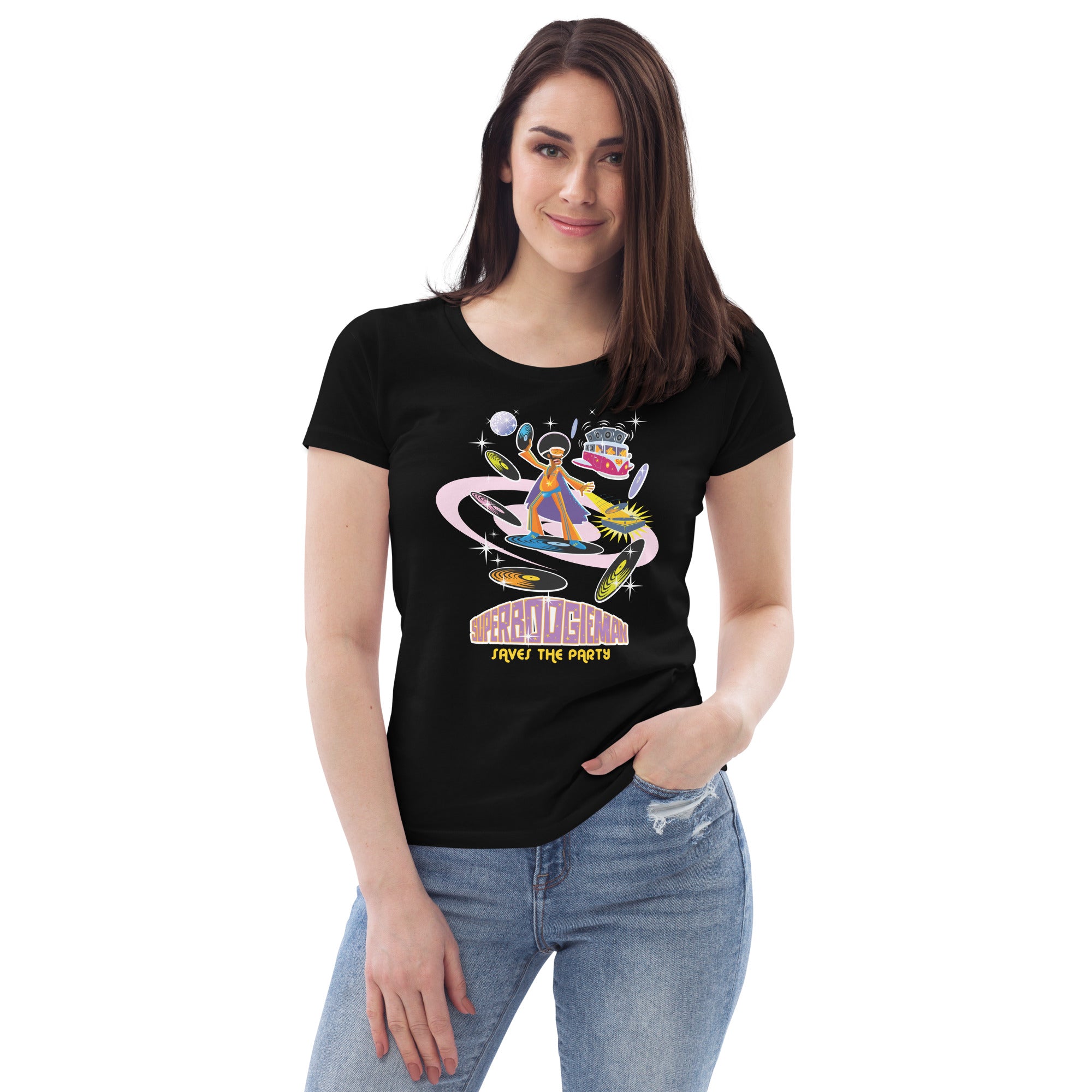 Women's fitted eco tee Superboogieman saves the party