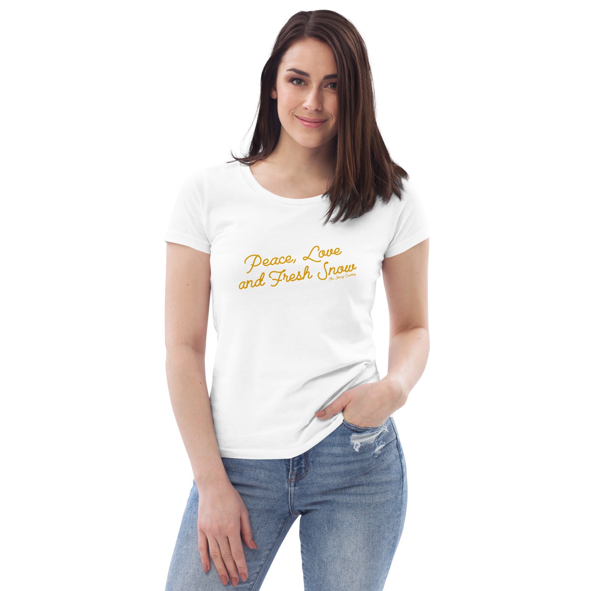 T-shirt moulant écologique femme Peace, Love and Fresh Snow Gold