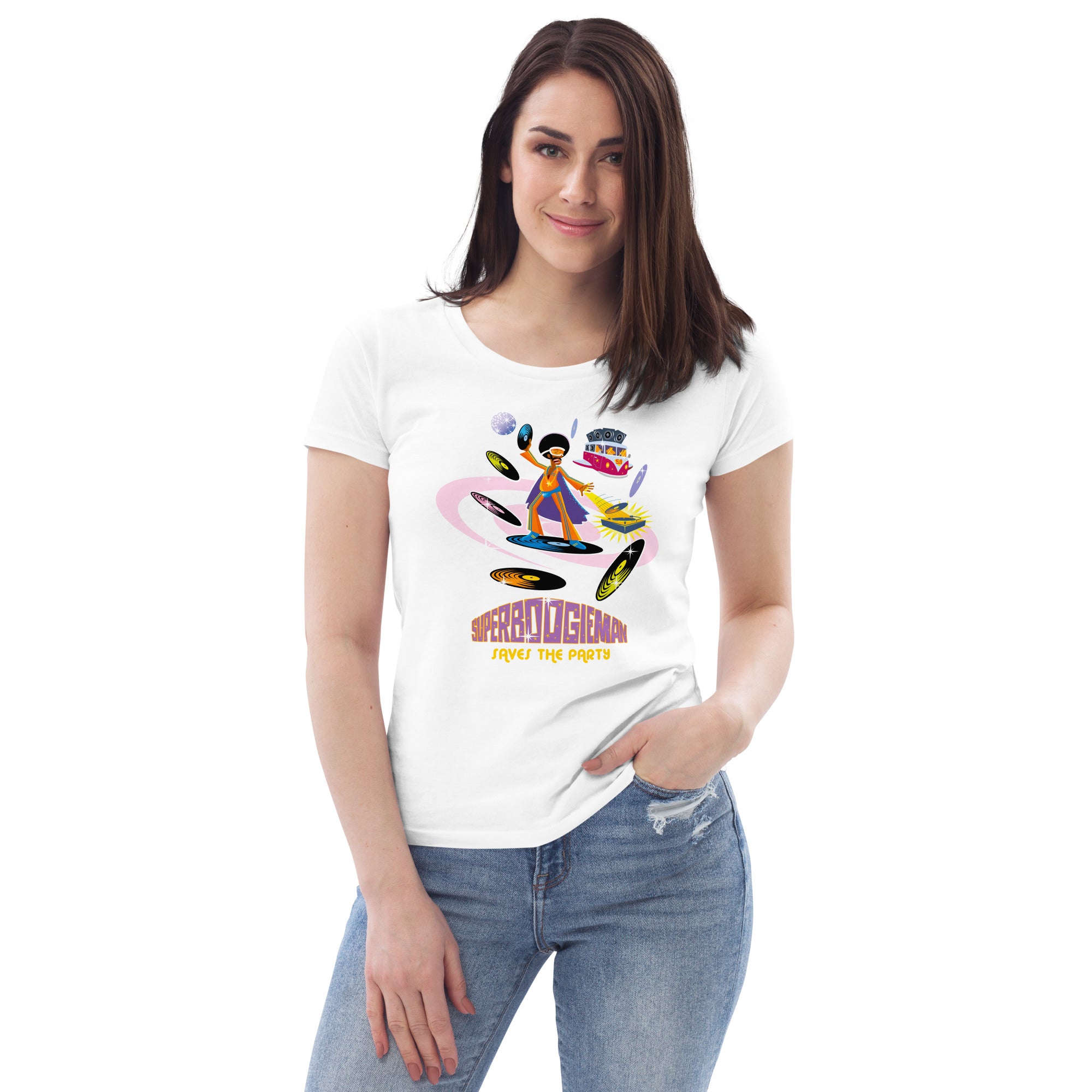 Women's fitted eco tee Superboogieman saves the party