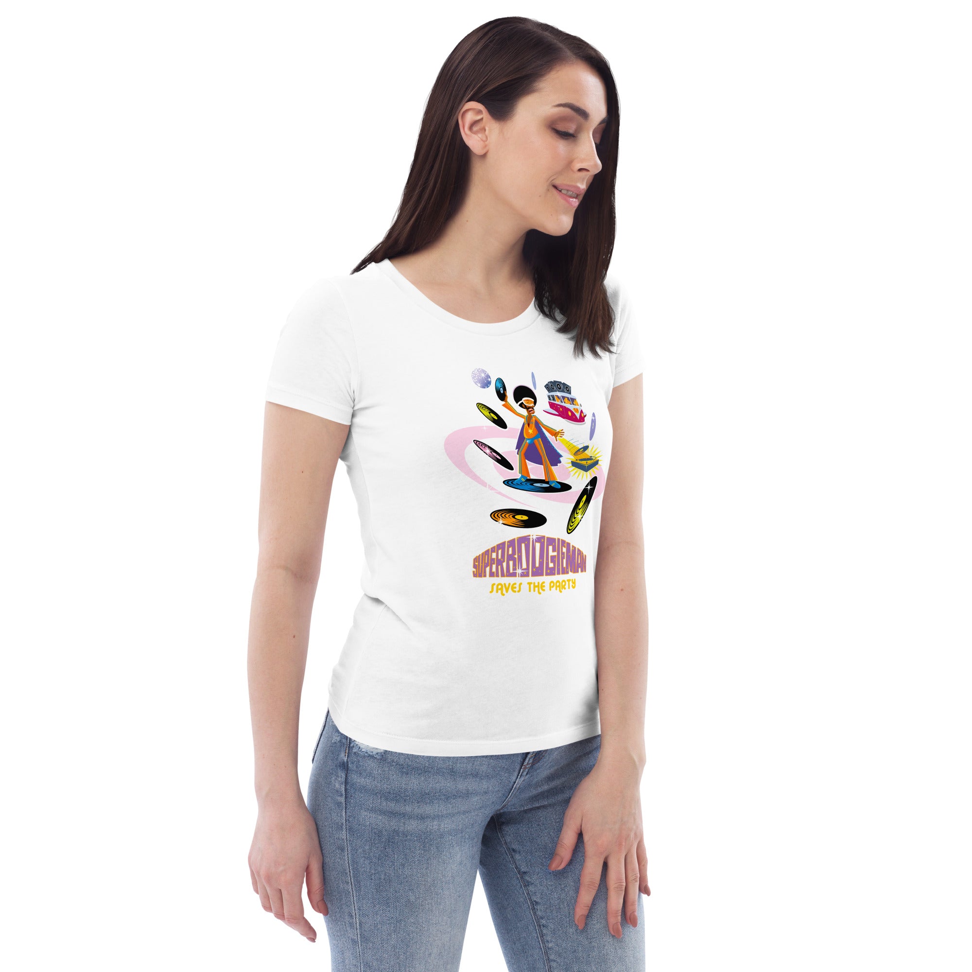 T-shirt moulant écologique femme Superboogieman saves the party
