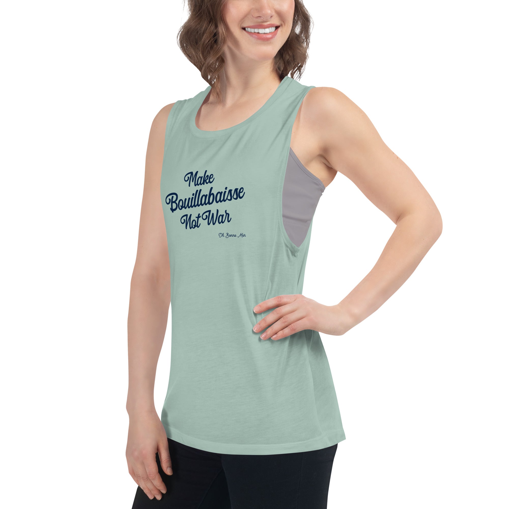 Ladies’ Muscle Tank Make Bouillabaisse Not War Text Only Navy