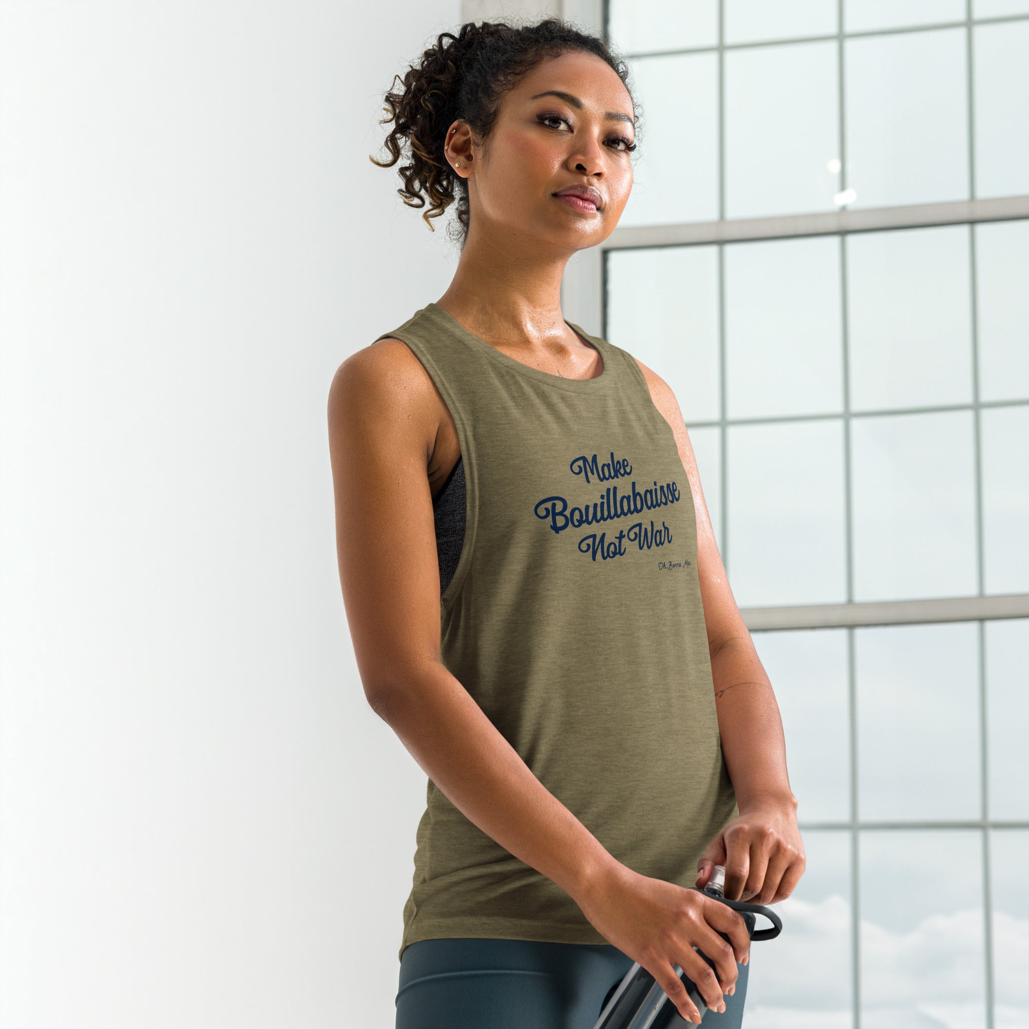 Ladies’ Muscle Tank Make Bouillabaisse Not War Text Only Navy