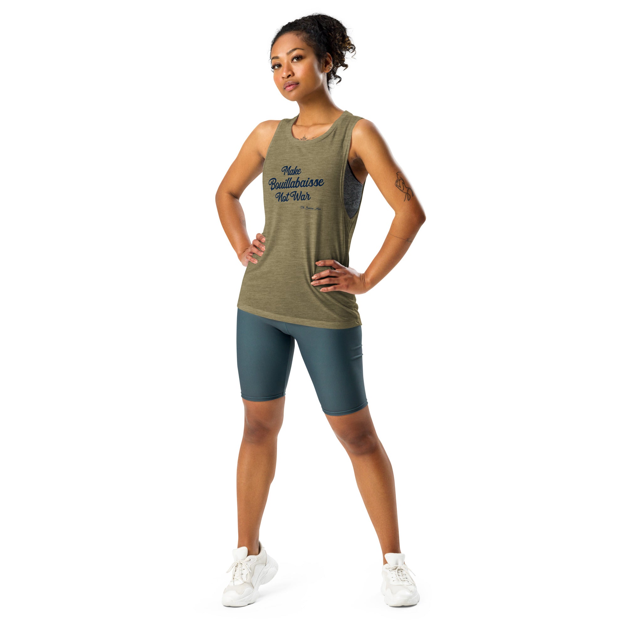 Ladies’ Muscle Tank Make Bouillabaisse Not War Text Only Navy