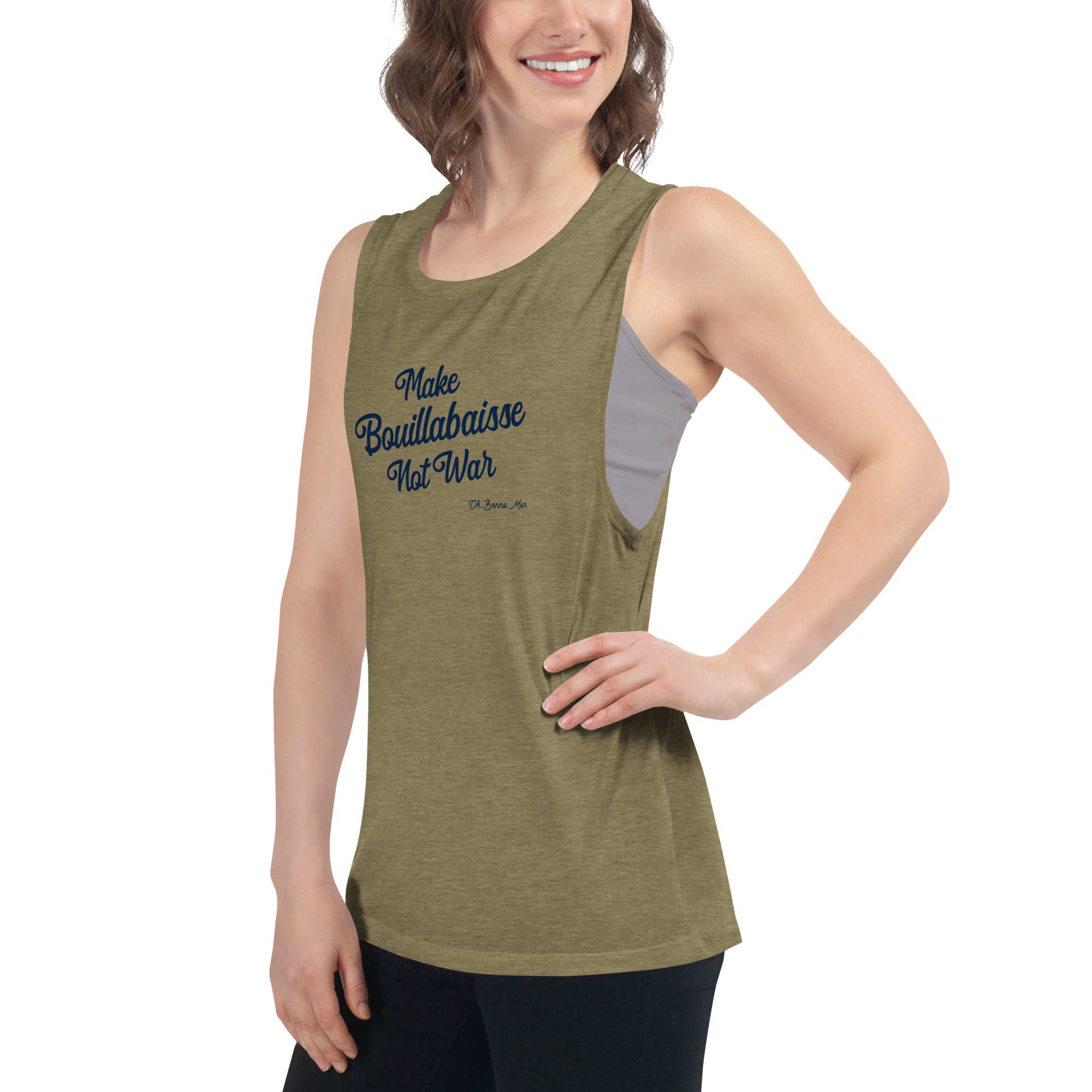 Ladies’ Muscle Tank Make Bouillabaisse Not War Text Only Navy