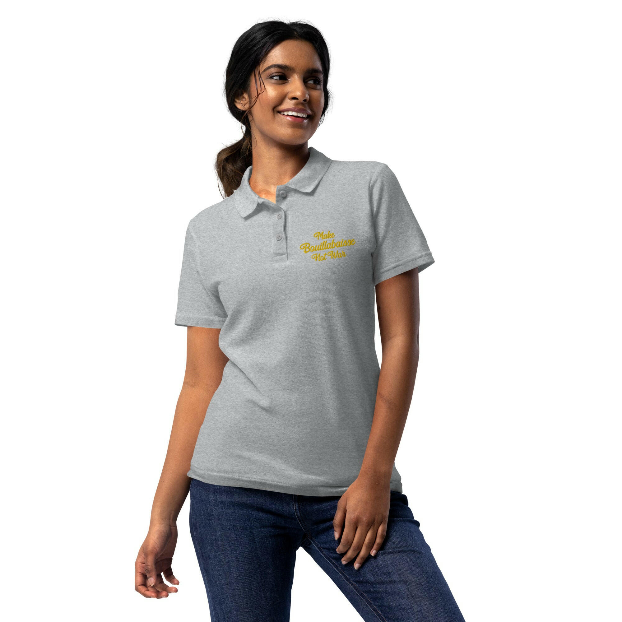 Women’s pique polo shirt Make Bouillabaisse Not War embroidered pattern